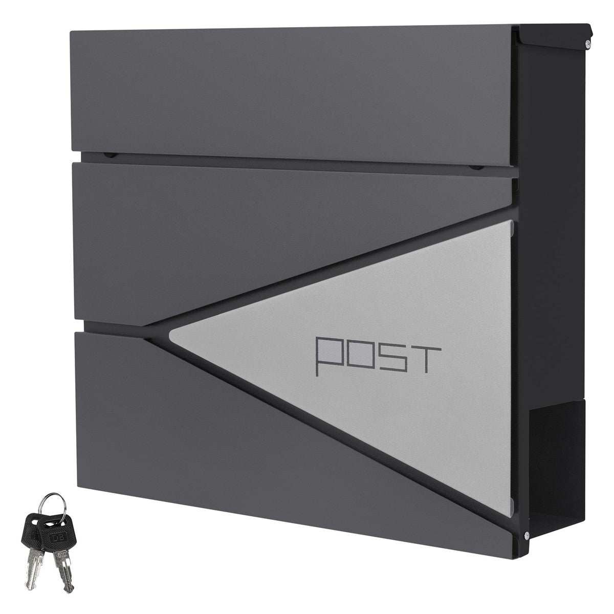 Anthracite-colored mailbox with a key and a silver front.