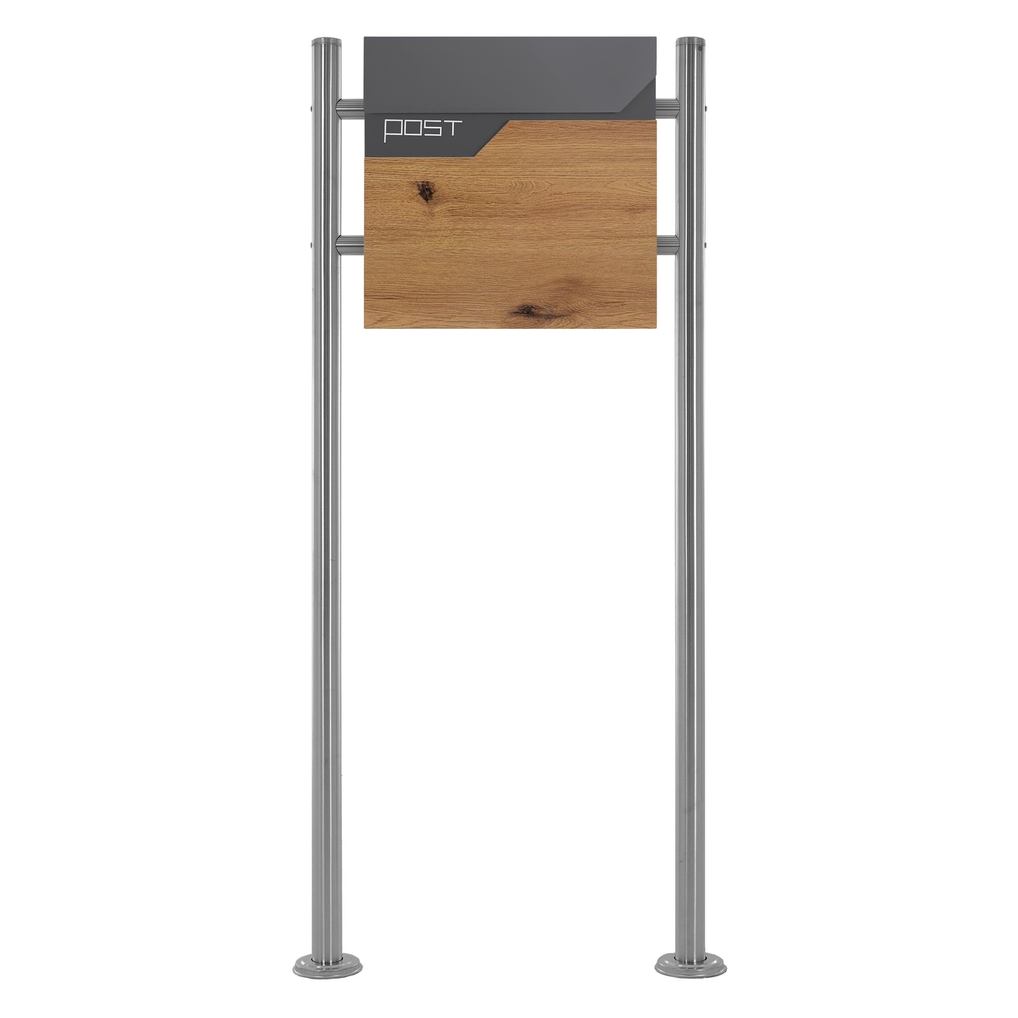 Mailbox with wooden and metal surface on two supports.