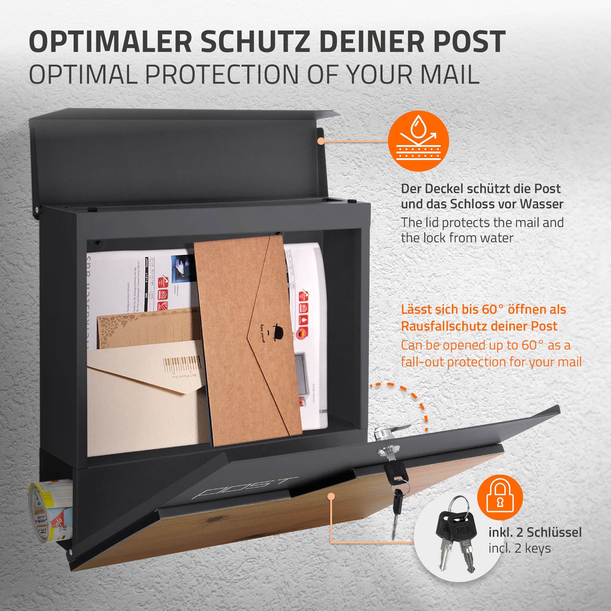 Schwarze Briefkasten mit geöffnetem Deckel und Briefen darin.