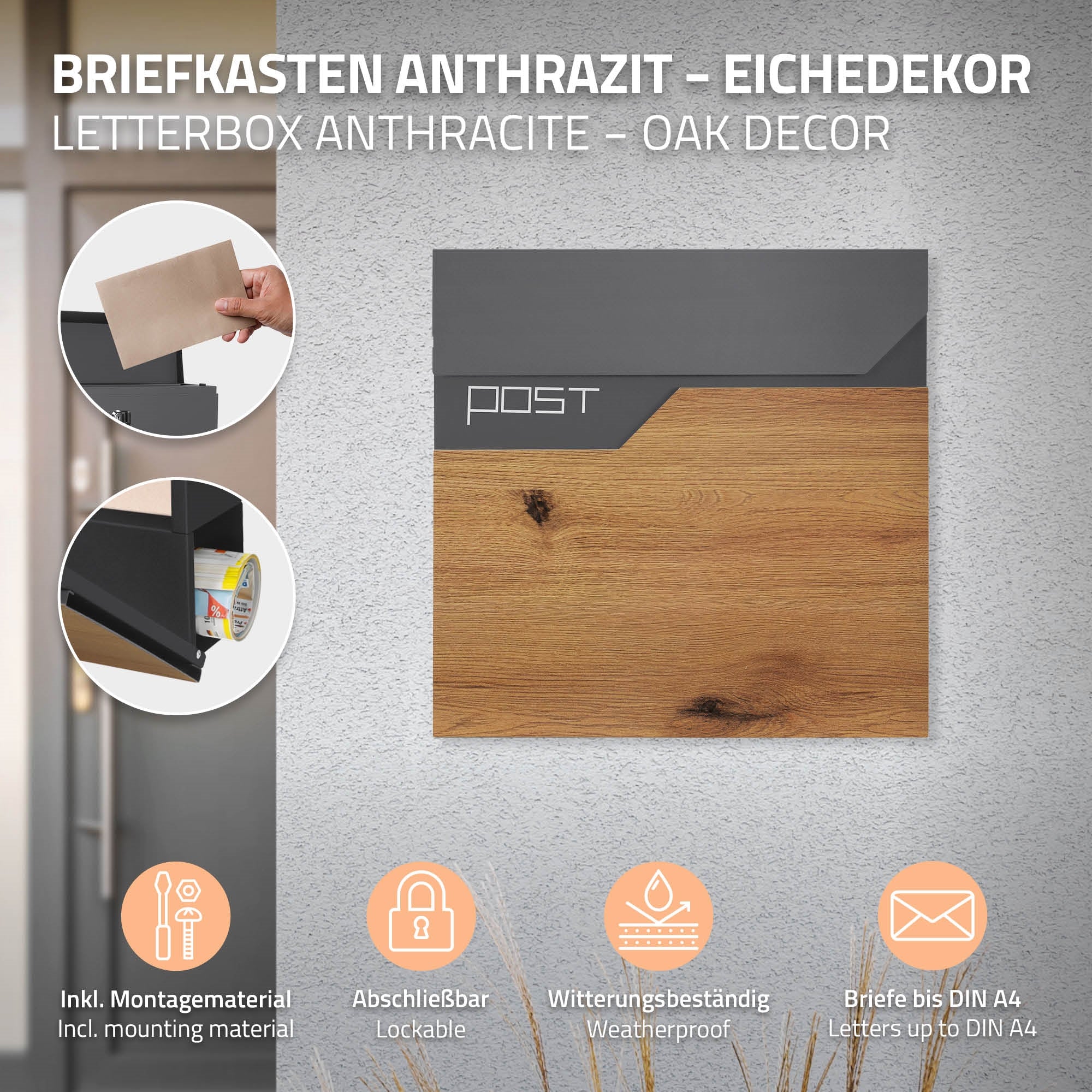 Ein anthrazitfarbener Briefkasten mit Eiche-Dekor und einem Brief.
