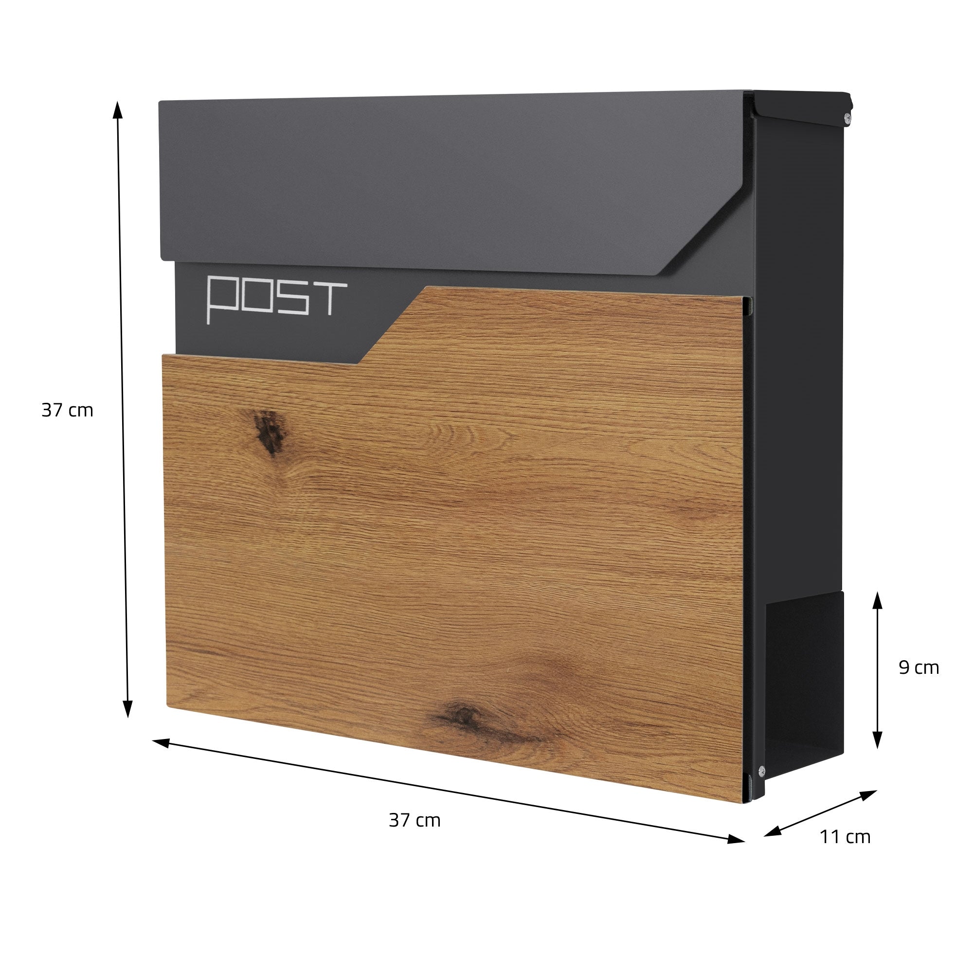 Eine Postbox mit Abmessungen: 37 cm hoch, 37 cm breit, 9 cm tief, in Holzoptik.