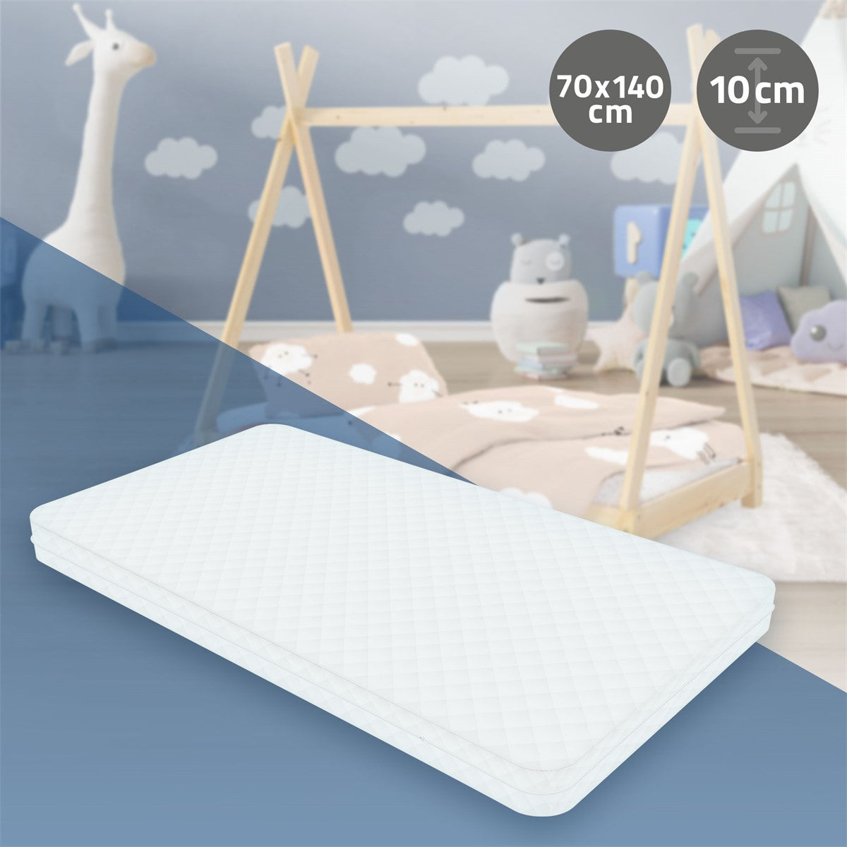 Matratze mit den Maßen 70x140 cm und 10 cm Höhe in einem Kinderzimmer.