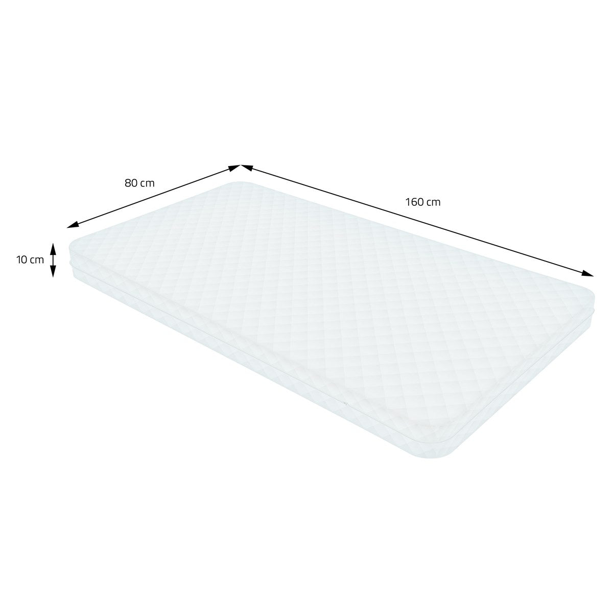 Mattress measuring 80 × 160 cm and 10 cm high.