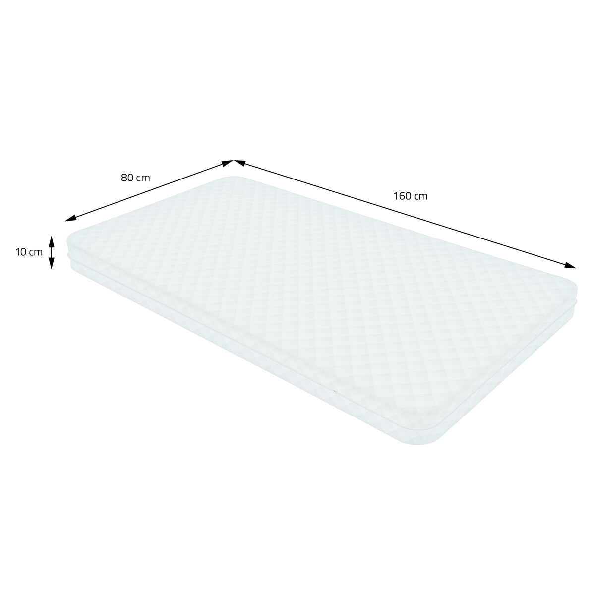 Matras met de afmetingen 80x160 cm en 10 cm hoogte.