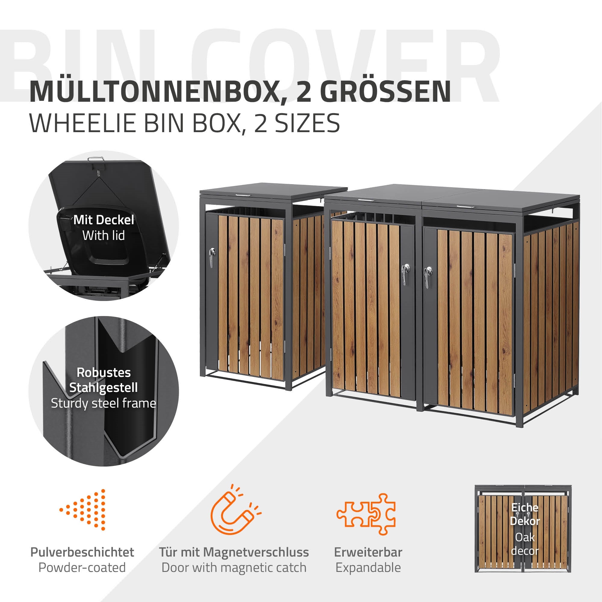 Mülltonnenboxen in zwei Größen, mit Deckel und Holzverkleidung.