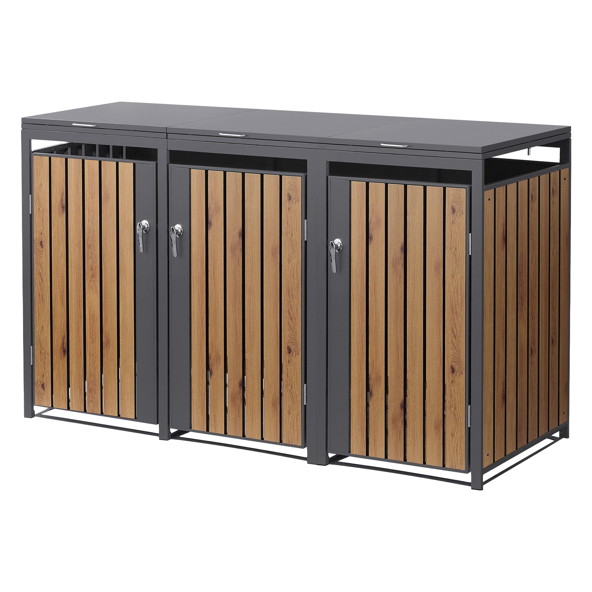 Drei Mülltonnenboxen aus Metall und Holz mit Schlössern.