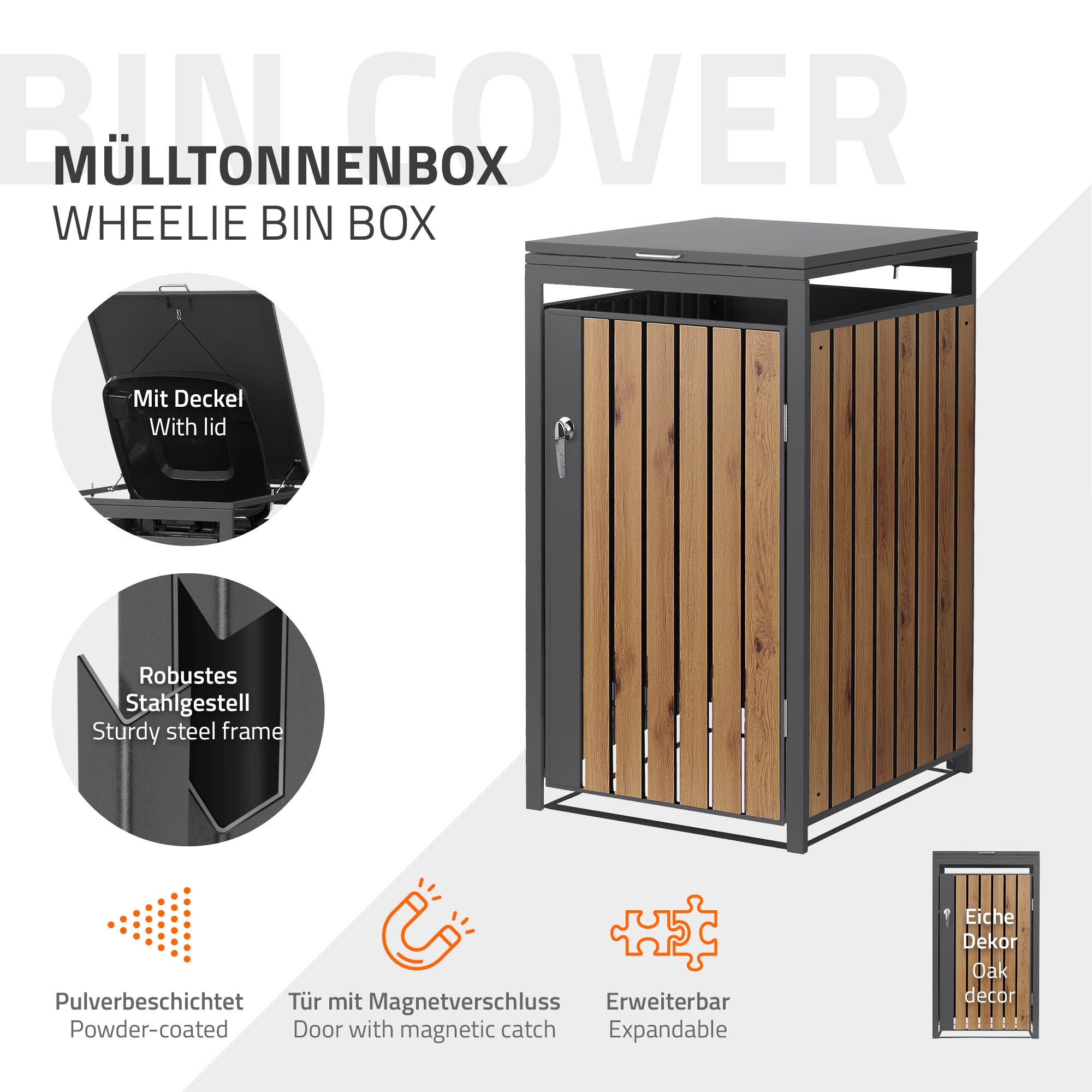 Mülltonnenbox mit Deckel und robustem Stahlgestell.