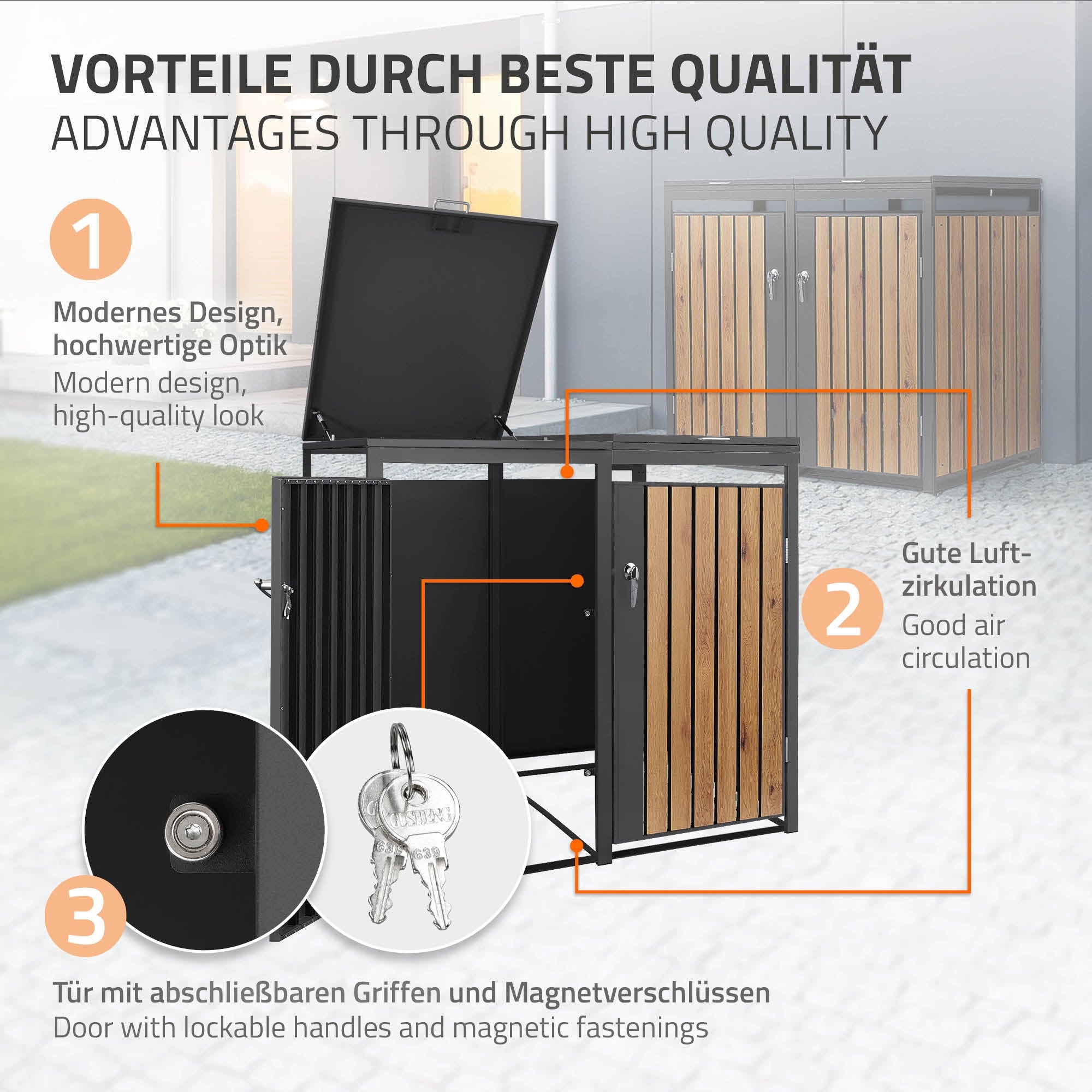Mülltonnenbox mit modernem Design und guter Luftzirkulation.