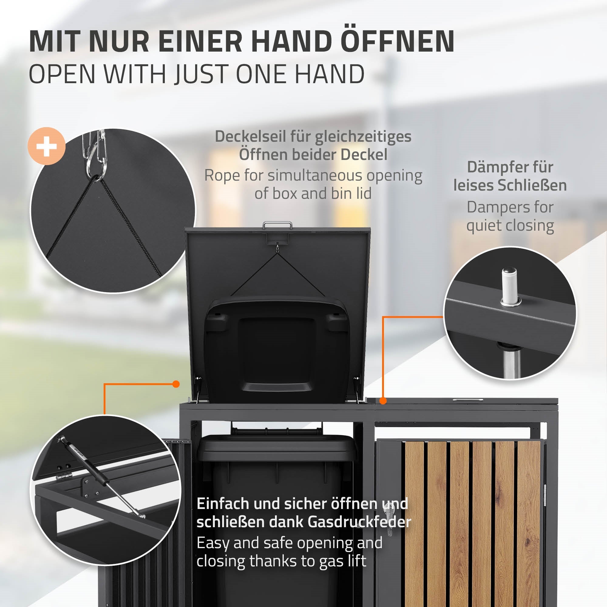 Deckel einer Mülltonne, die mit einer Hand geöffnet wird, mit Dämpfer für leises Schließen.