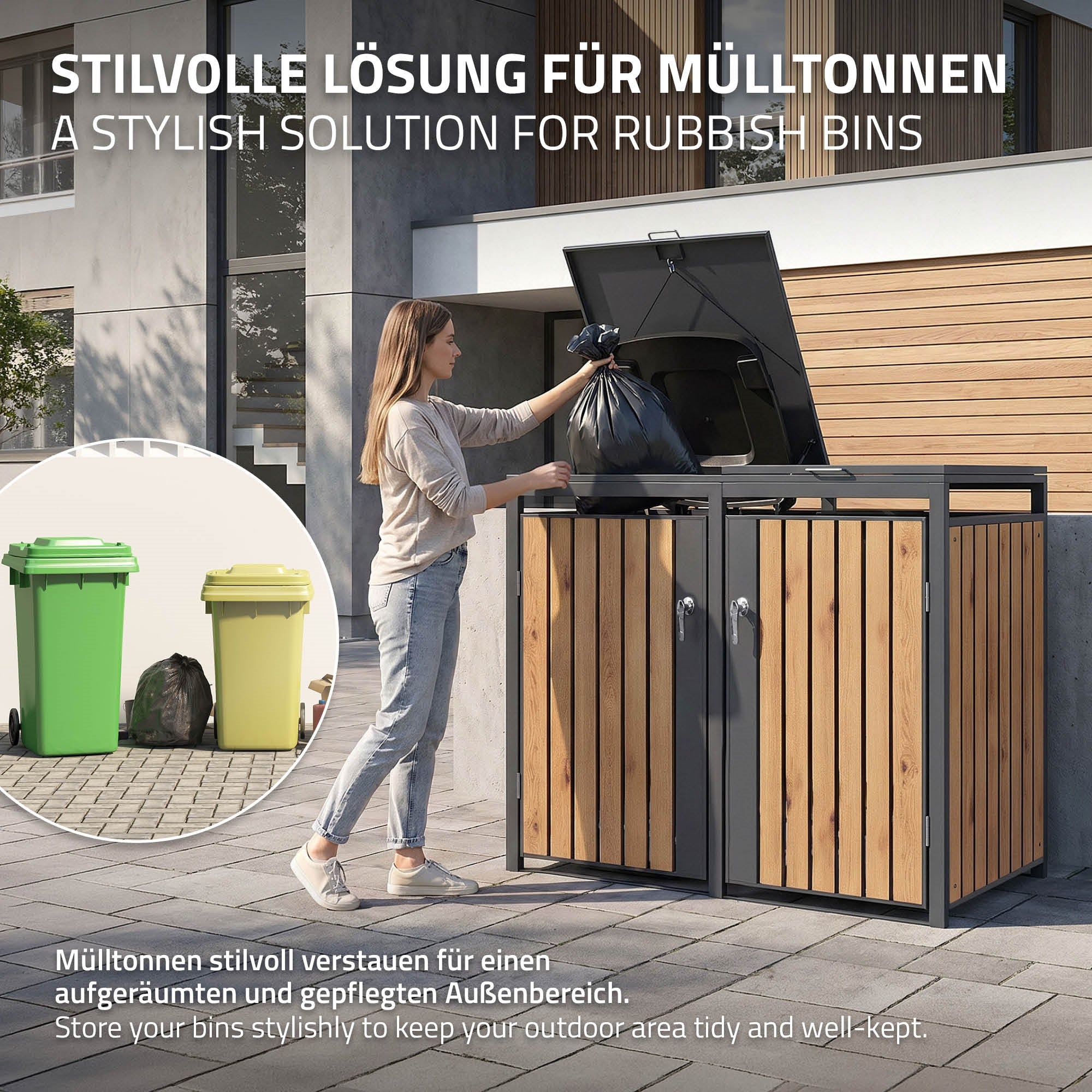 Frau öffnet Mülltonnenbox und entsorgt Abfall.