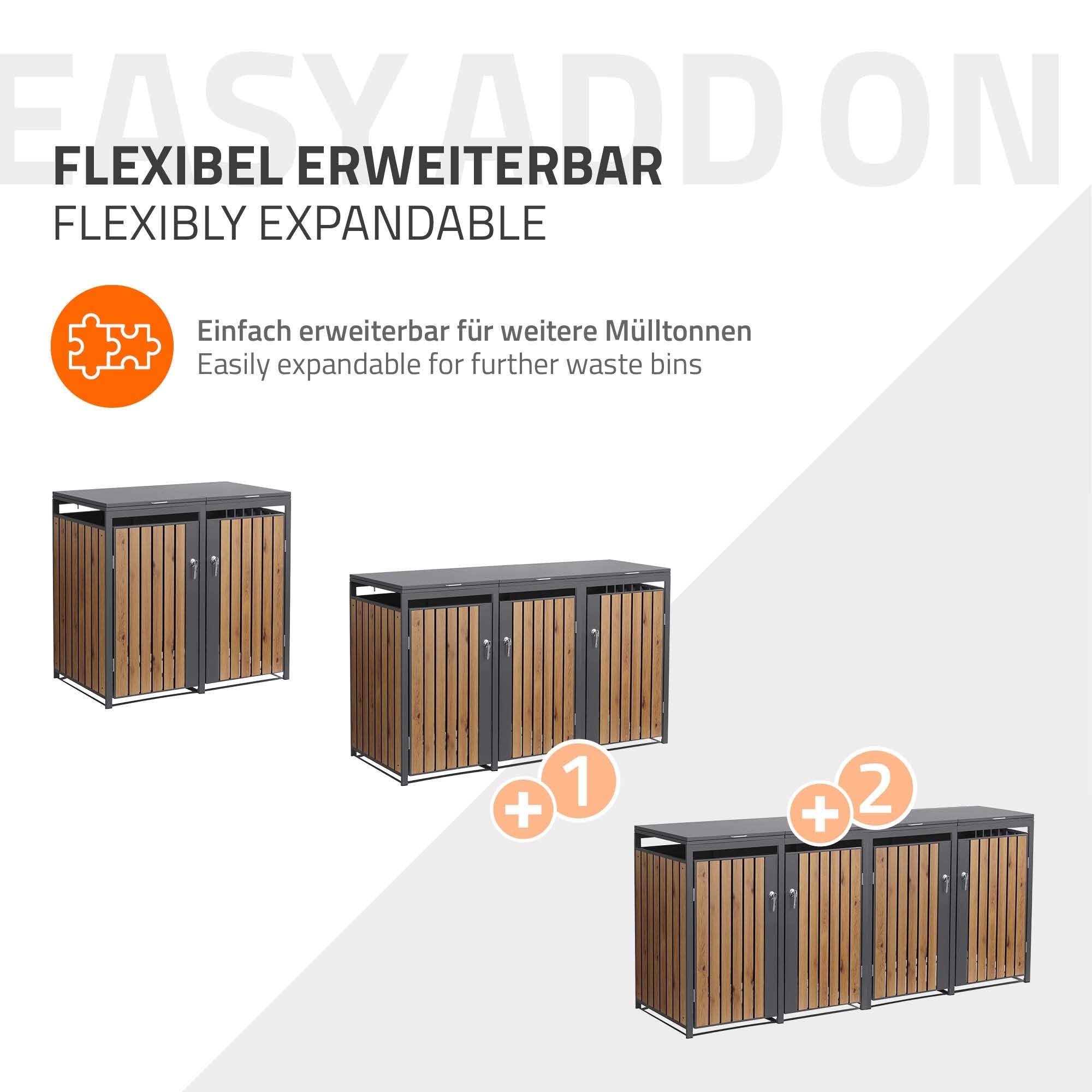 Grafik zur flexiblen Erweiterbarkeit der Mülltonnenboxen.
