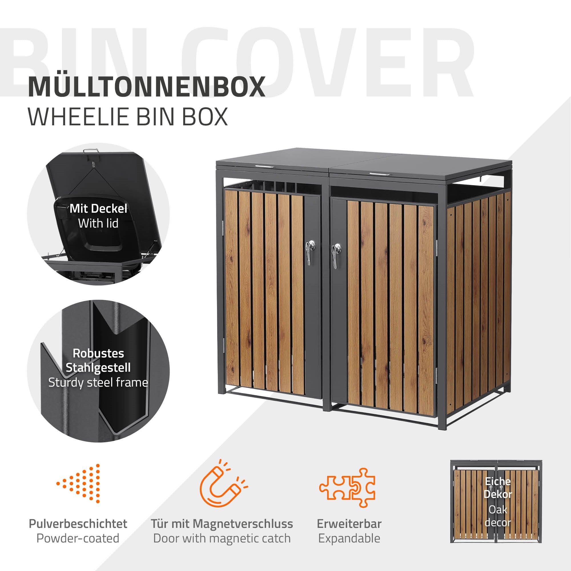 Grafik einer Mülltonnenbox mit Deckel und robustem Stahlgestell.