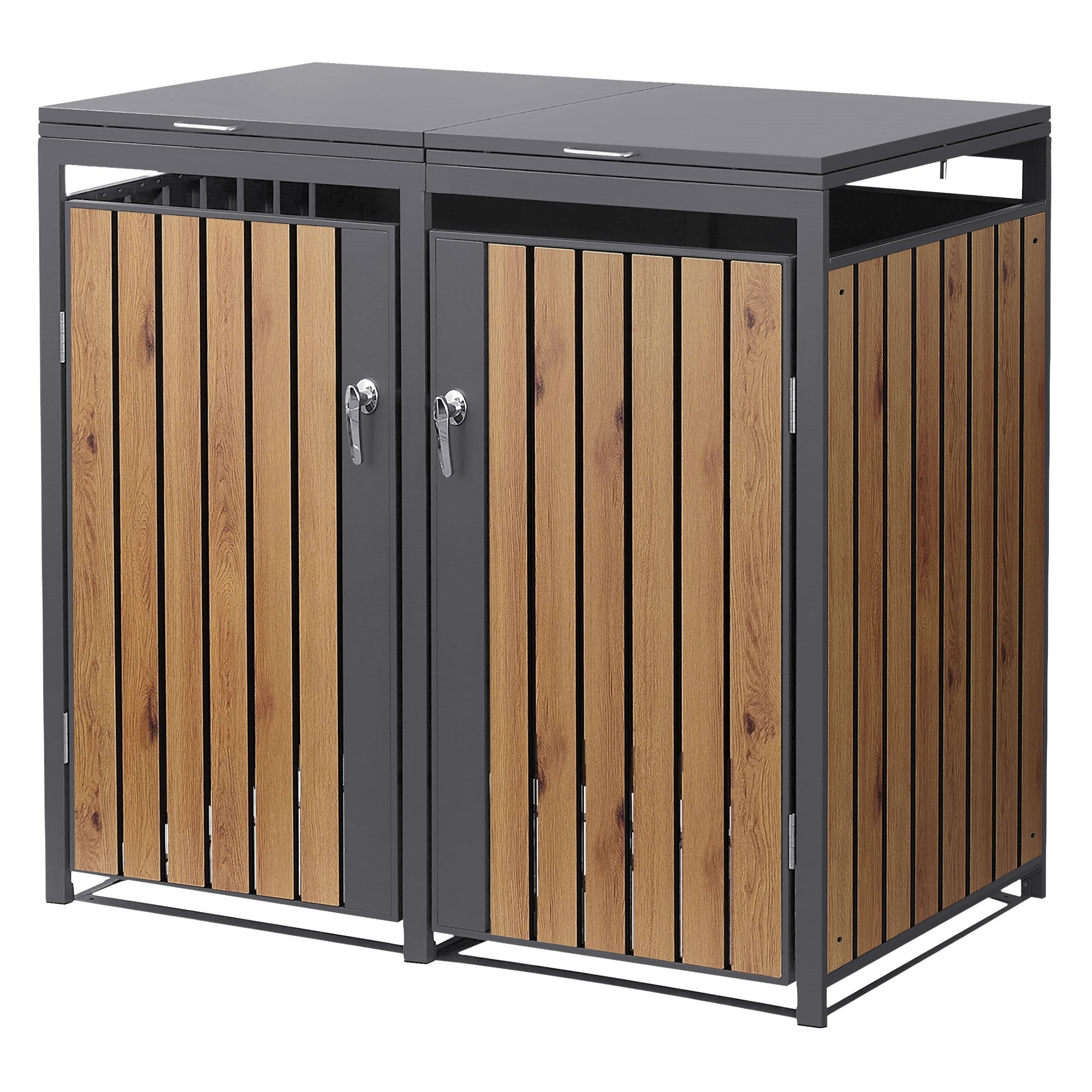 Due contenitori per rifiuti con rivestimento in legno, chiusi e affiancati.