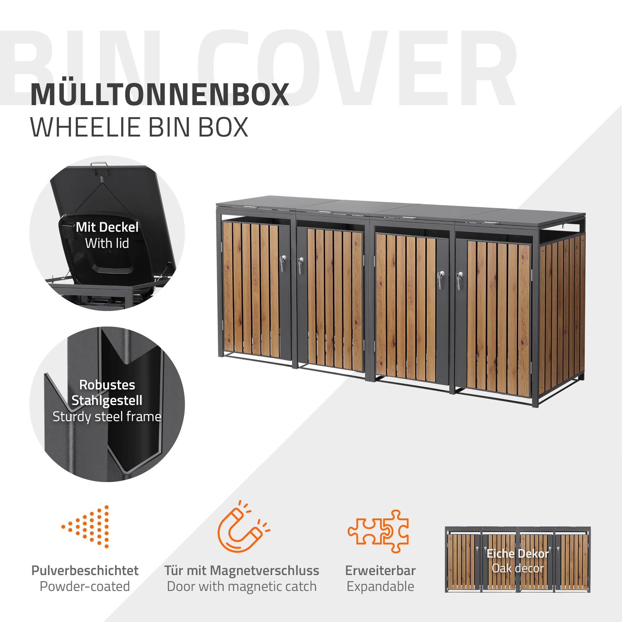 Mülltonnenbox mit Deckel und Holzverkleidung, stabiler Stahlrahmen.