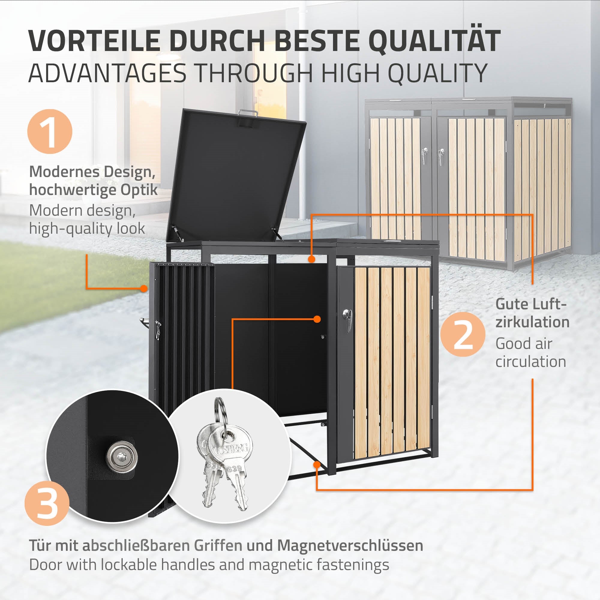 Grafica con informazioni su una box per bidoni della spazzatura, design e ventilazione.