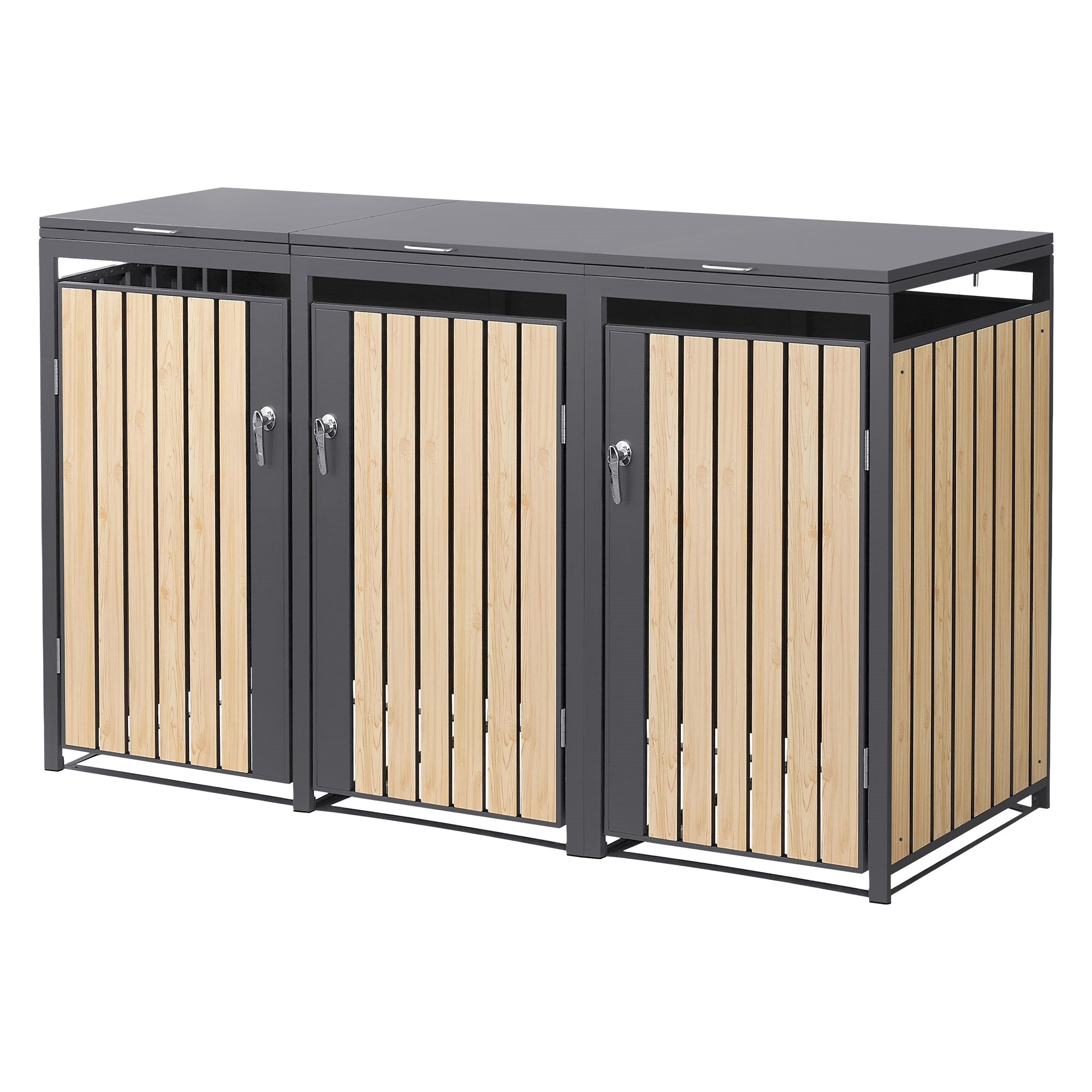 Mülltonnenbox mit drei Fächern und Holzoptik-Türen.