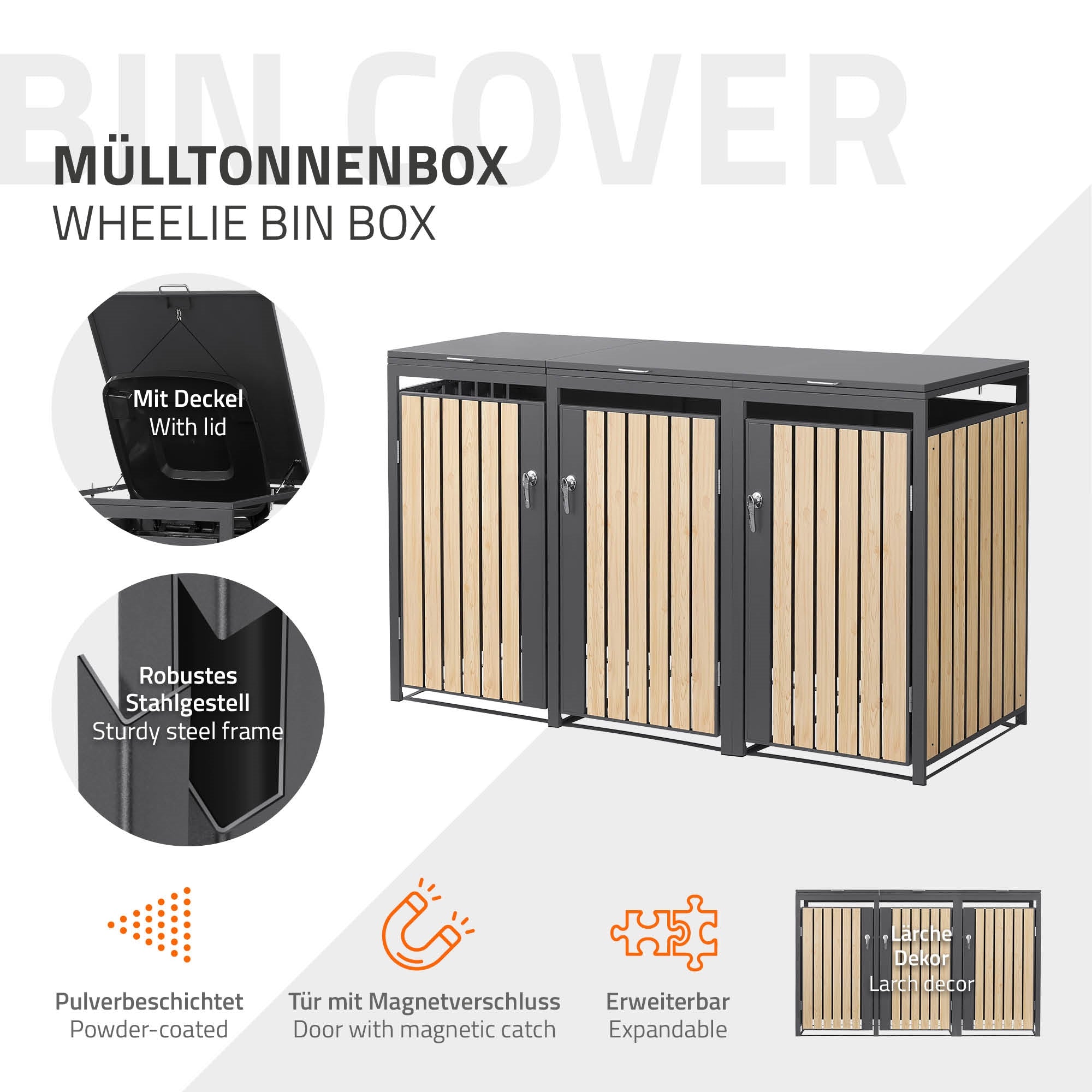 Mülltonnenbox mit Deckel, aus pulverbeschichtetem Stahl, mit Holzoptik