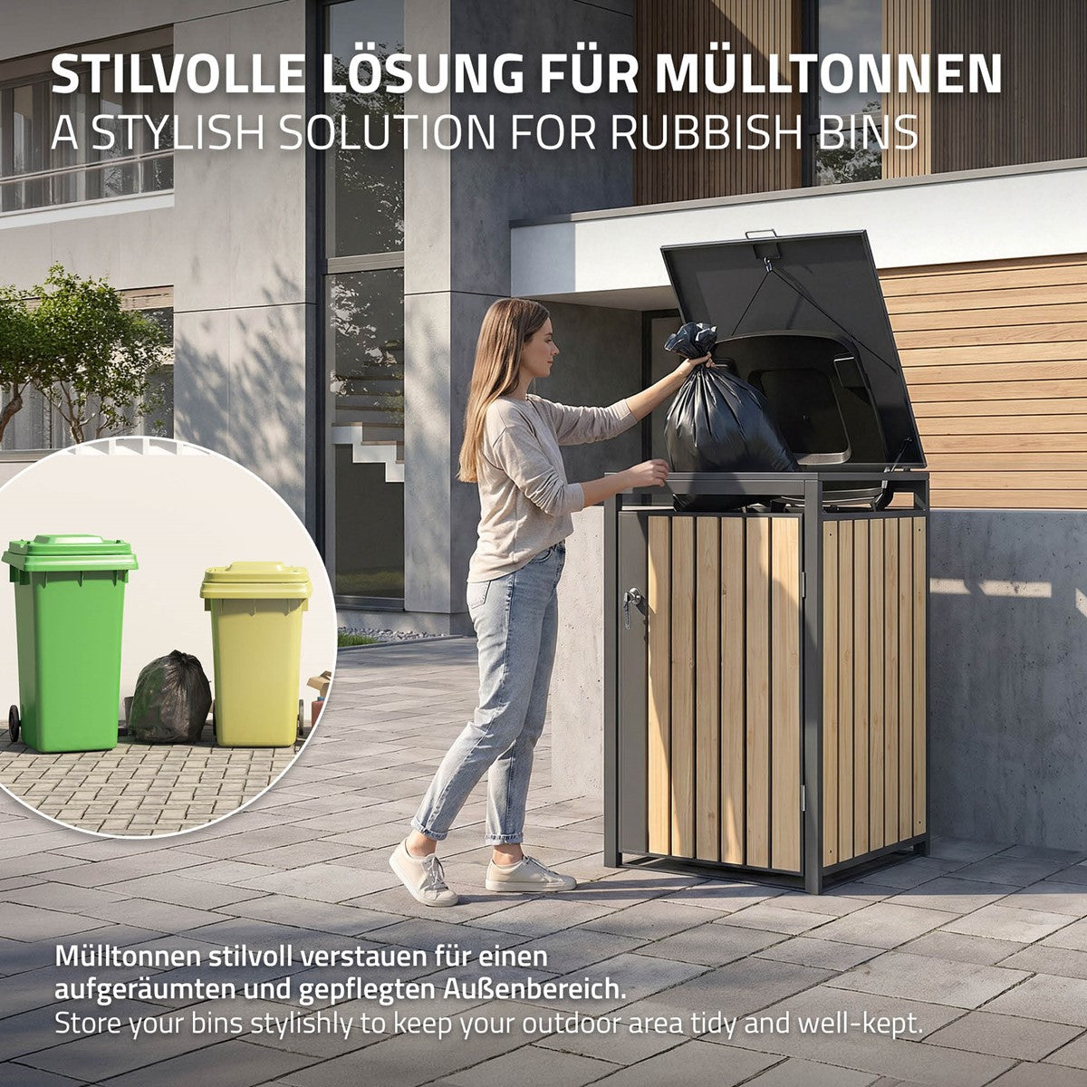 Nainen laittaa roskia jäteastiakatokseen, jossa näkyy kaksi jäteastiaa