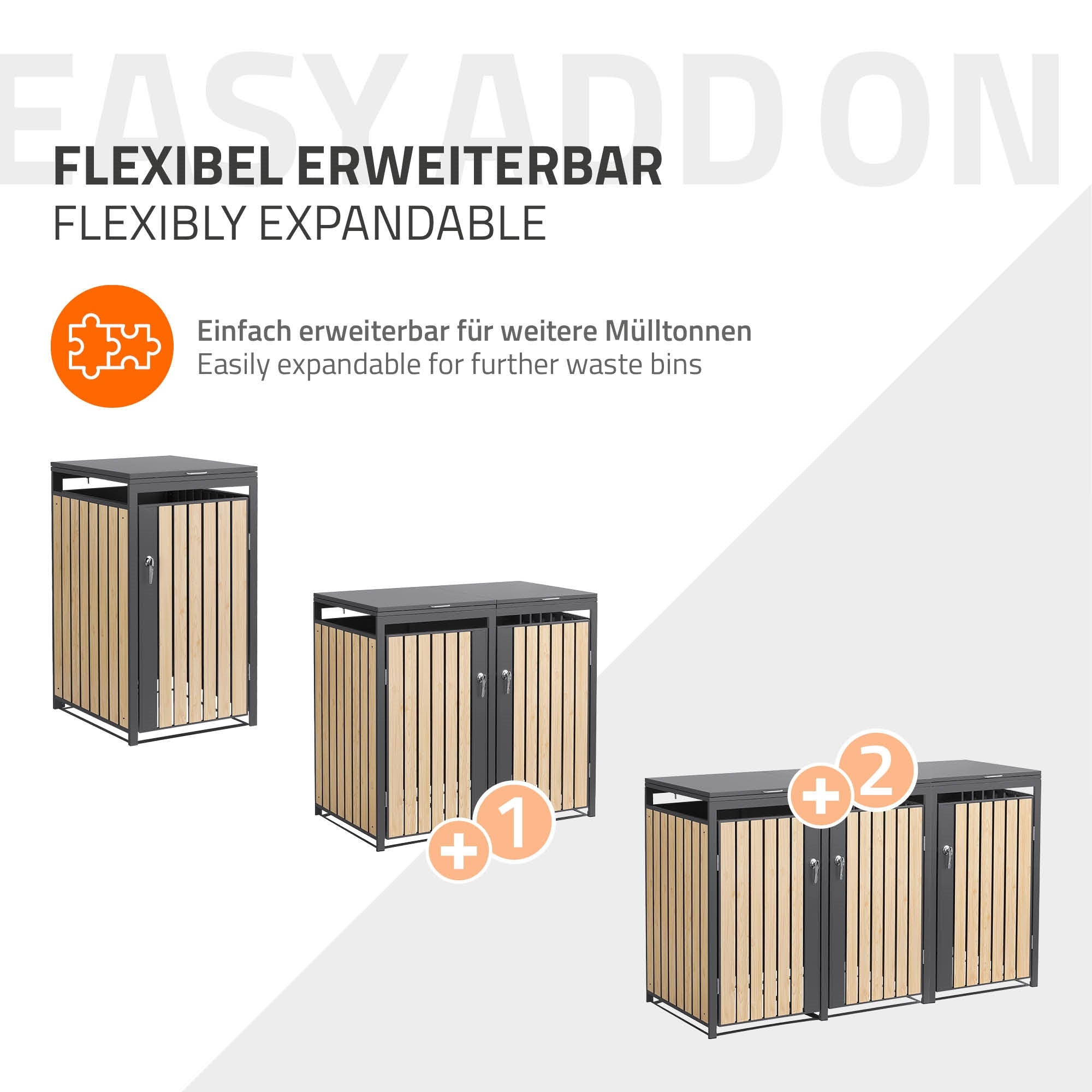 Grafik zeigt erweiterbare Mülltonnen mit Holz- und Metalloptik.