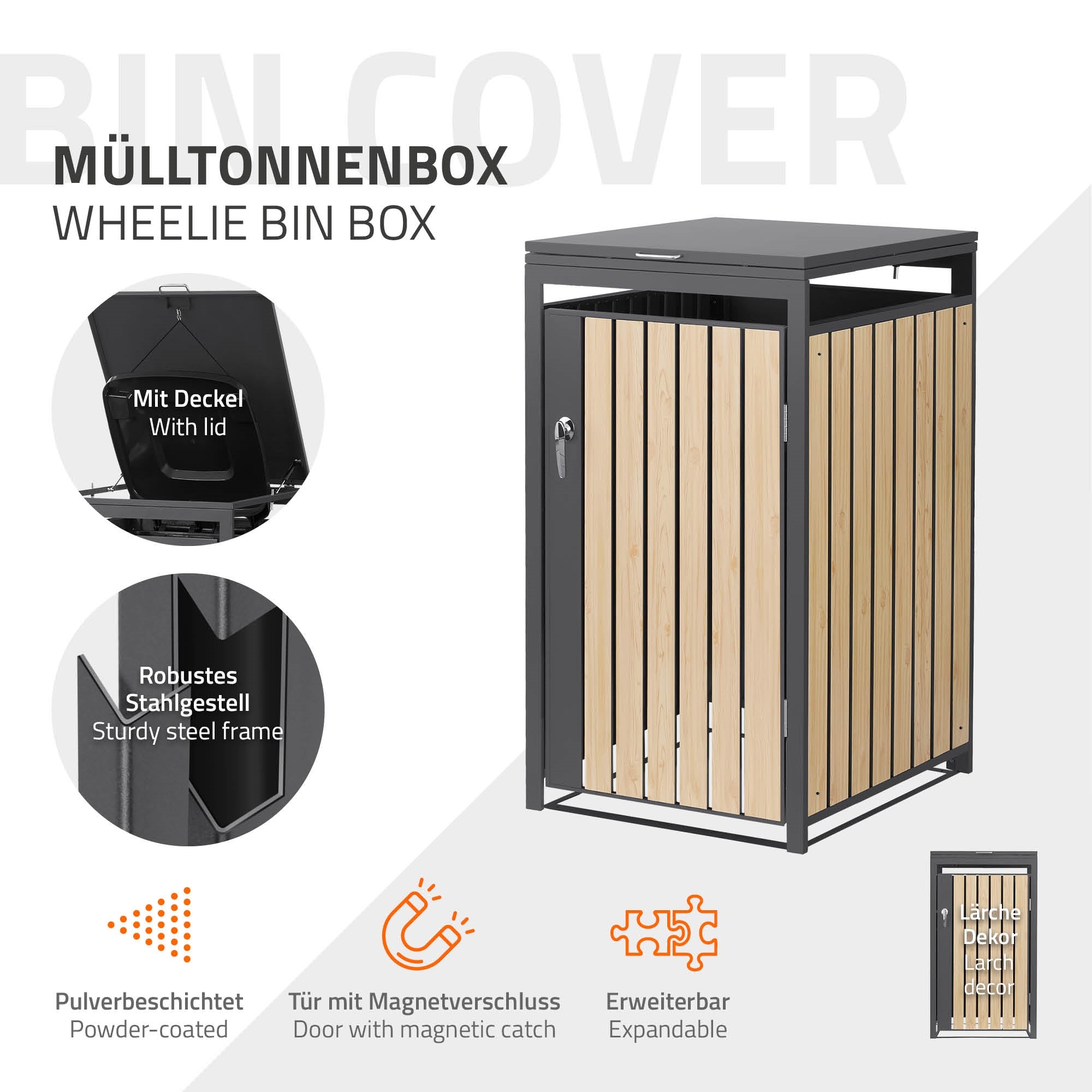 Mülltonnenbox mit Holzverkleidung und stabiler Stahlrahmen.