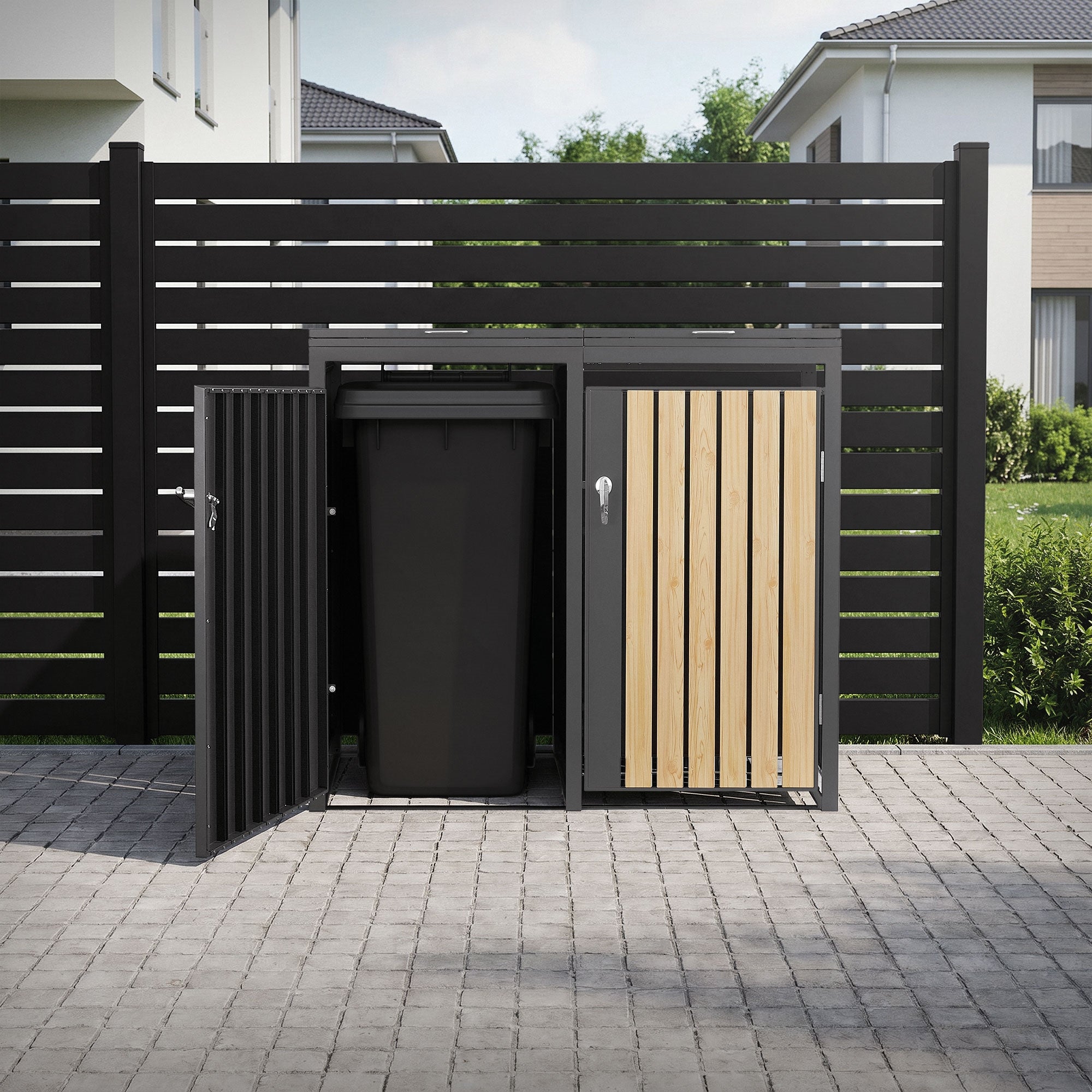 Mülltonnenbox mit geöffneter Tür und Sicht auf Mülltonne.