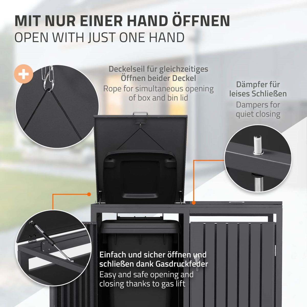Grafik zeigt das Öffnen des Deckels mit einer Hand.