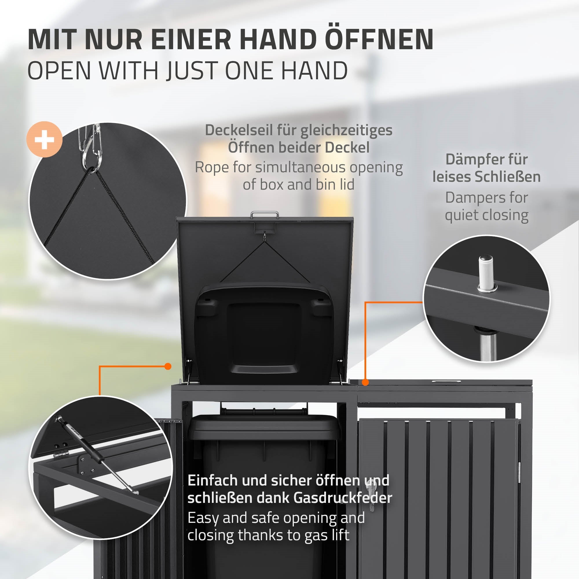 Öffnen des Deckels mit einer Hand, Dämpfer für leises Schließen.