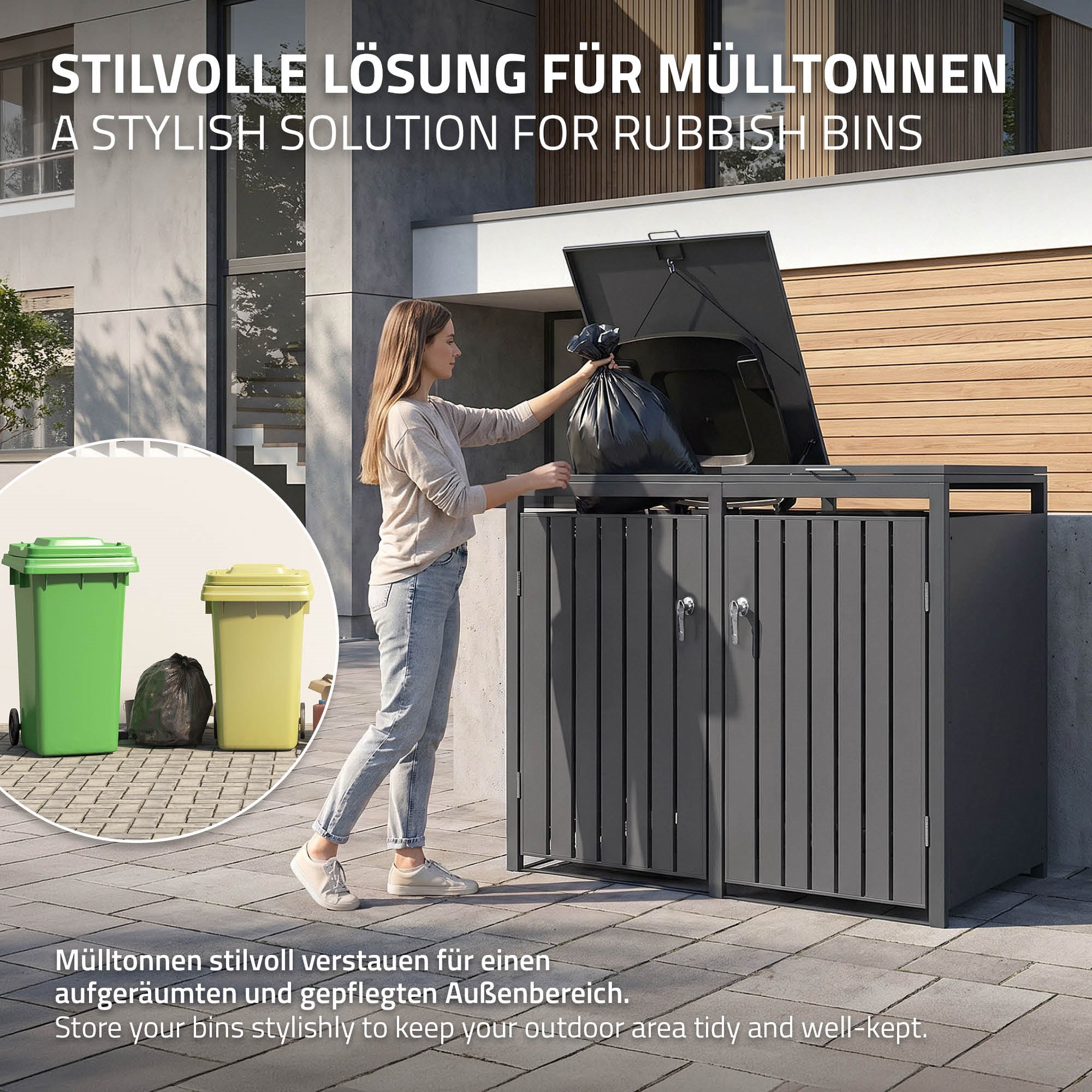Eine Frau entsorgt Müll in ein Mülltonnenhaus.