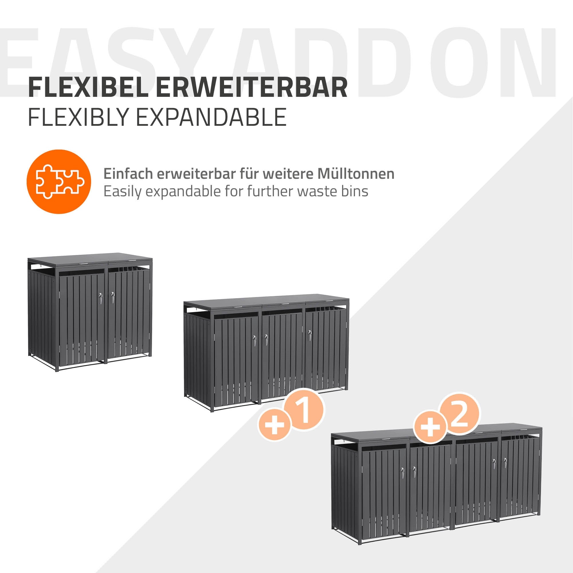 Grafik mit einem flexiblen Mülltonnenbehälter, der erweiterbar ist.