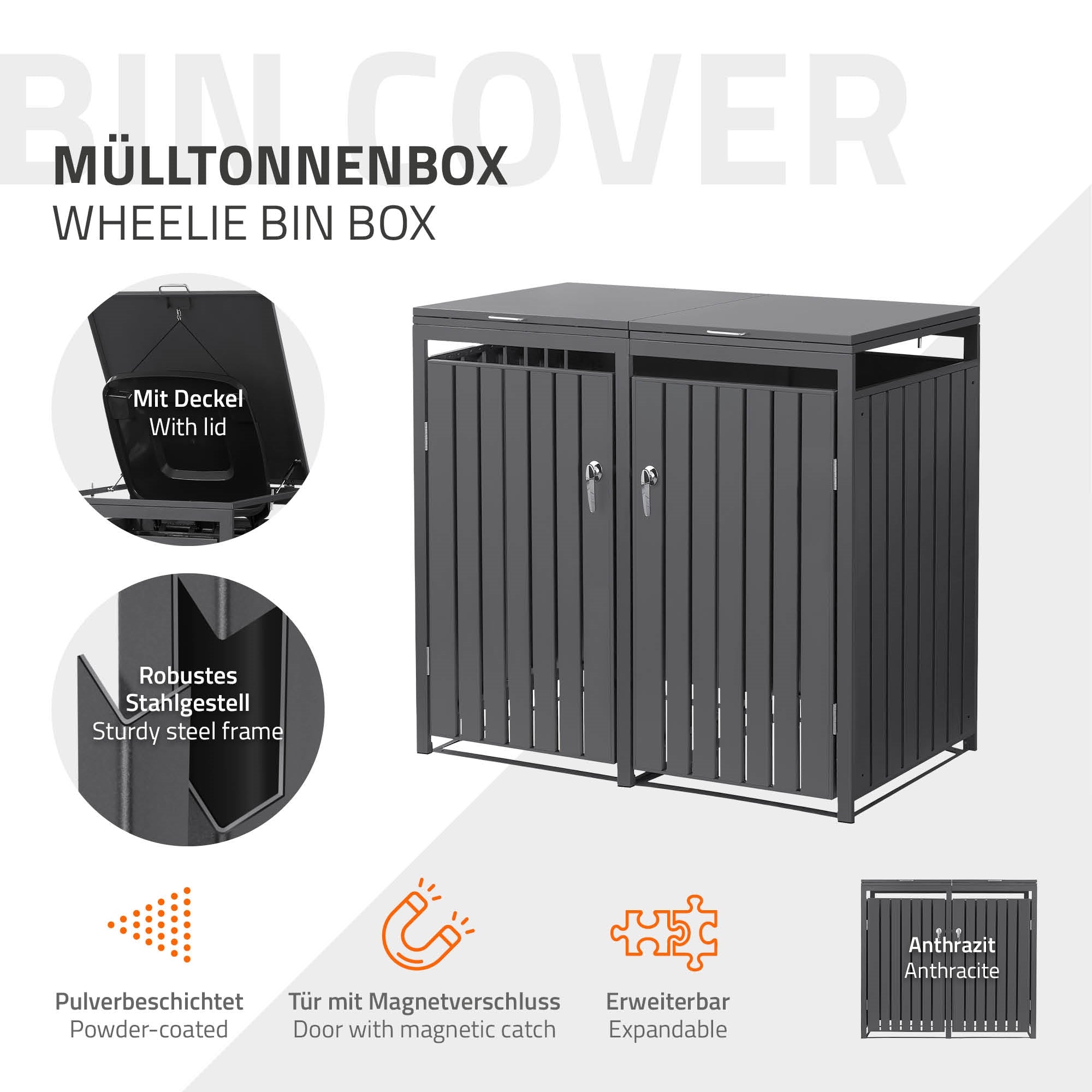 Mülltonnenbox mit zwei Fächern, Deckel und Schlössern, pulverbeschichtet, anthrazit.
