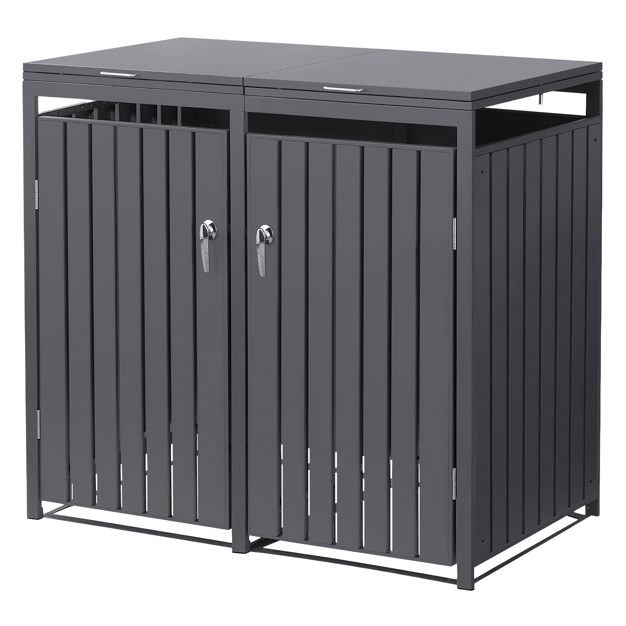 Mülltonnenbox aus Stahl mit zwei Fächern, Türen mit Schlössern, anthrazitfarben.