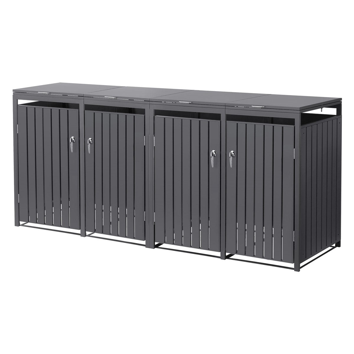 Bin storage unit with four doors, made of powder-coated steel.