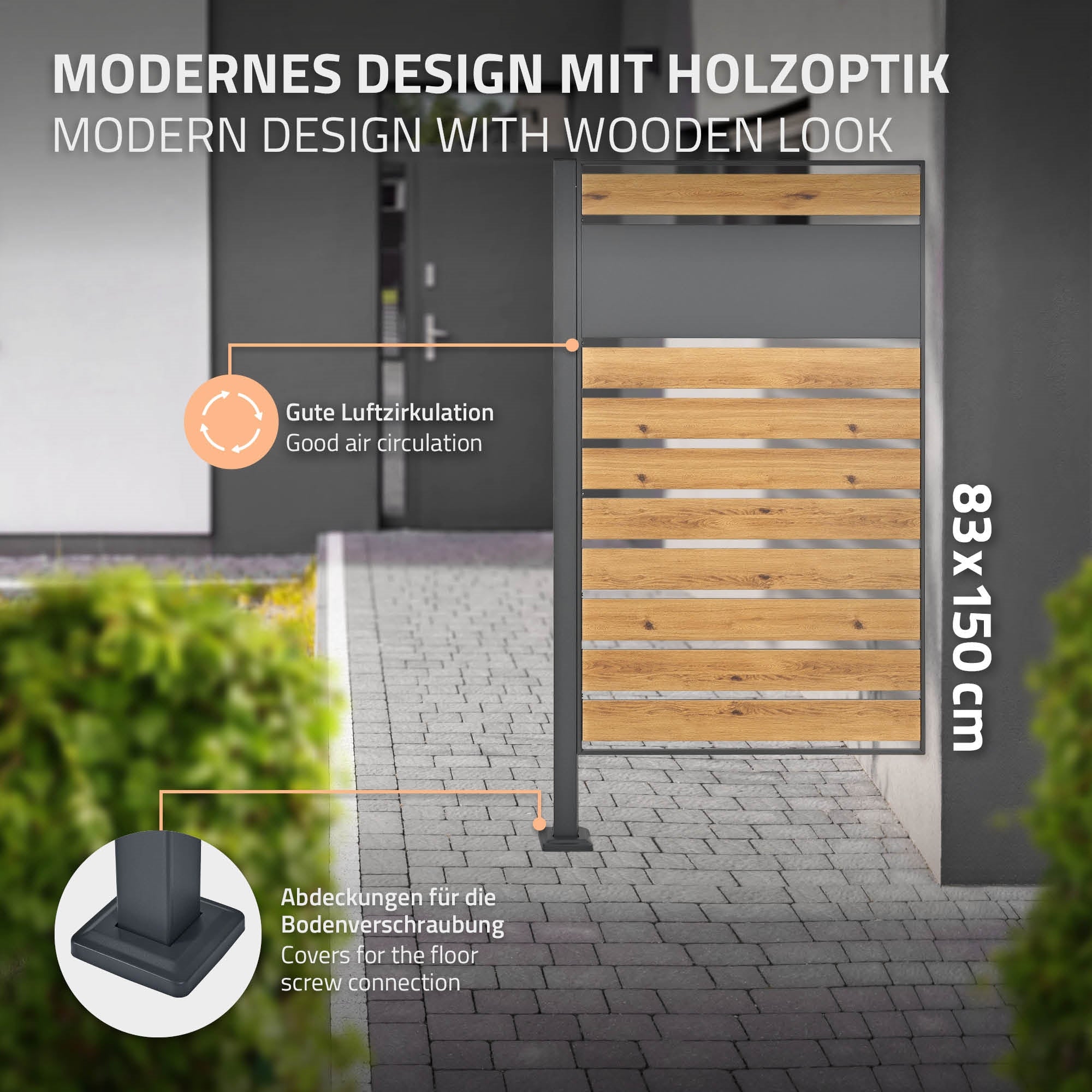 Moderní vzhled plotu s dřevěným vzhledem a dobrou cirkulací vzduchu.