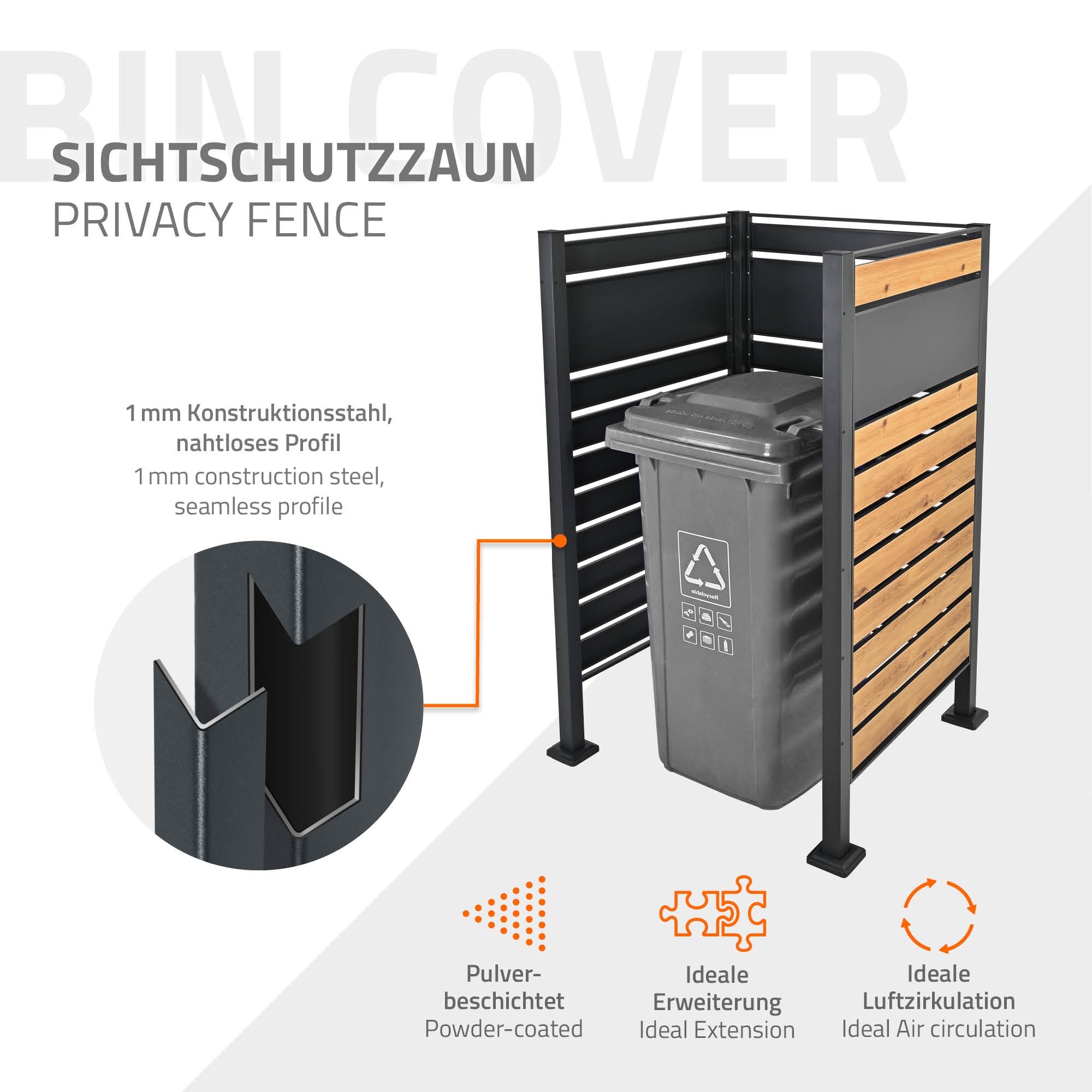 Sichtschutzzaun aus Stahl und Holz mit Mülltonne.