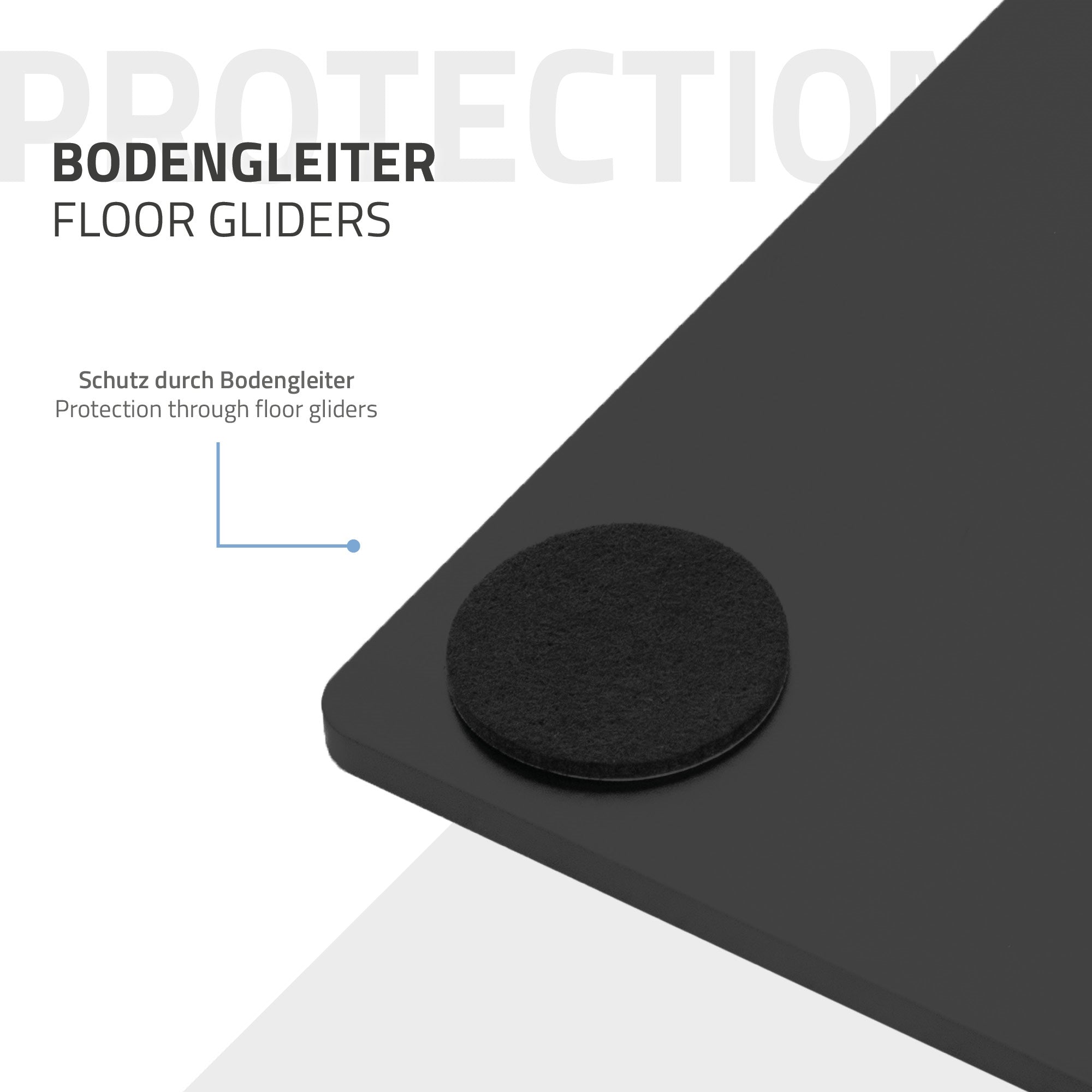 A black floor glide on a tabletop.