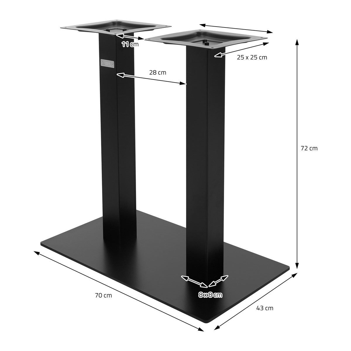 Schwarzer Tischgestell mit zwei quadratischen Platten und Maßangaben.