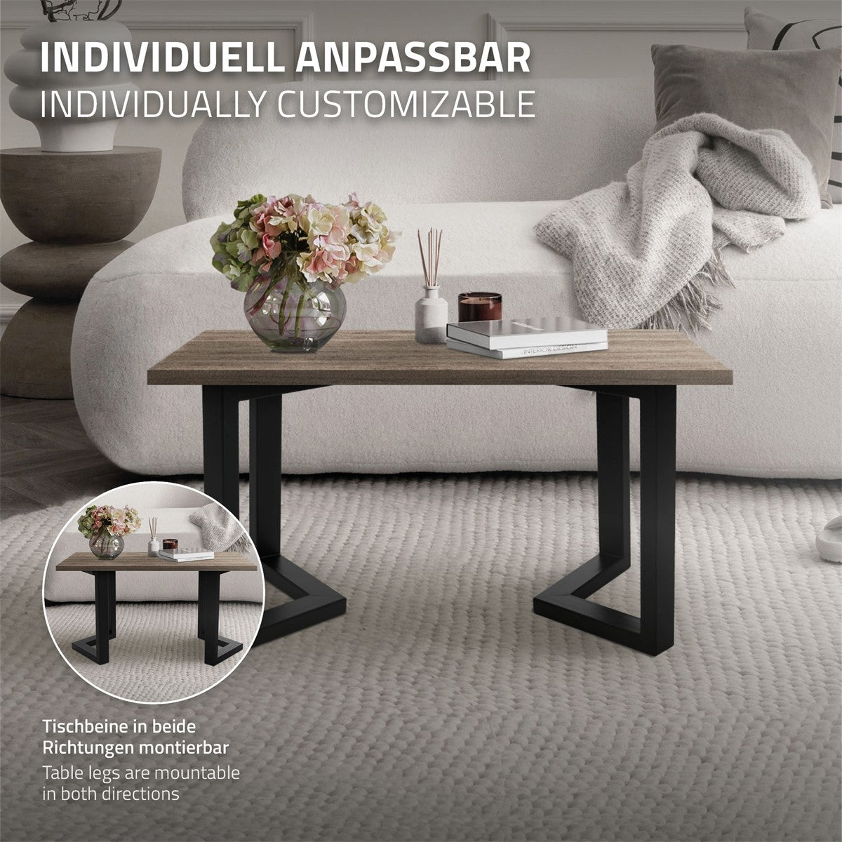 An adjustable table with flowers and a cozy sofa in the background.