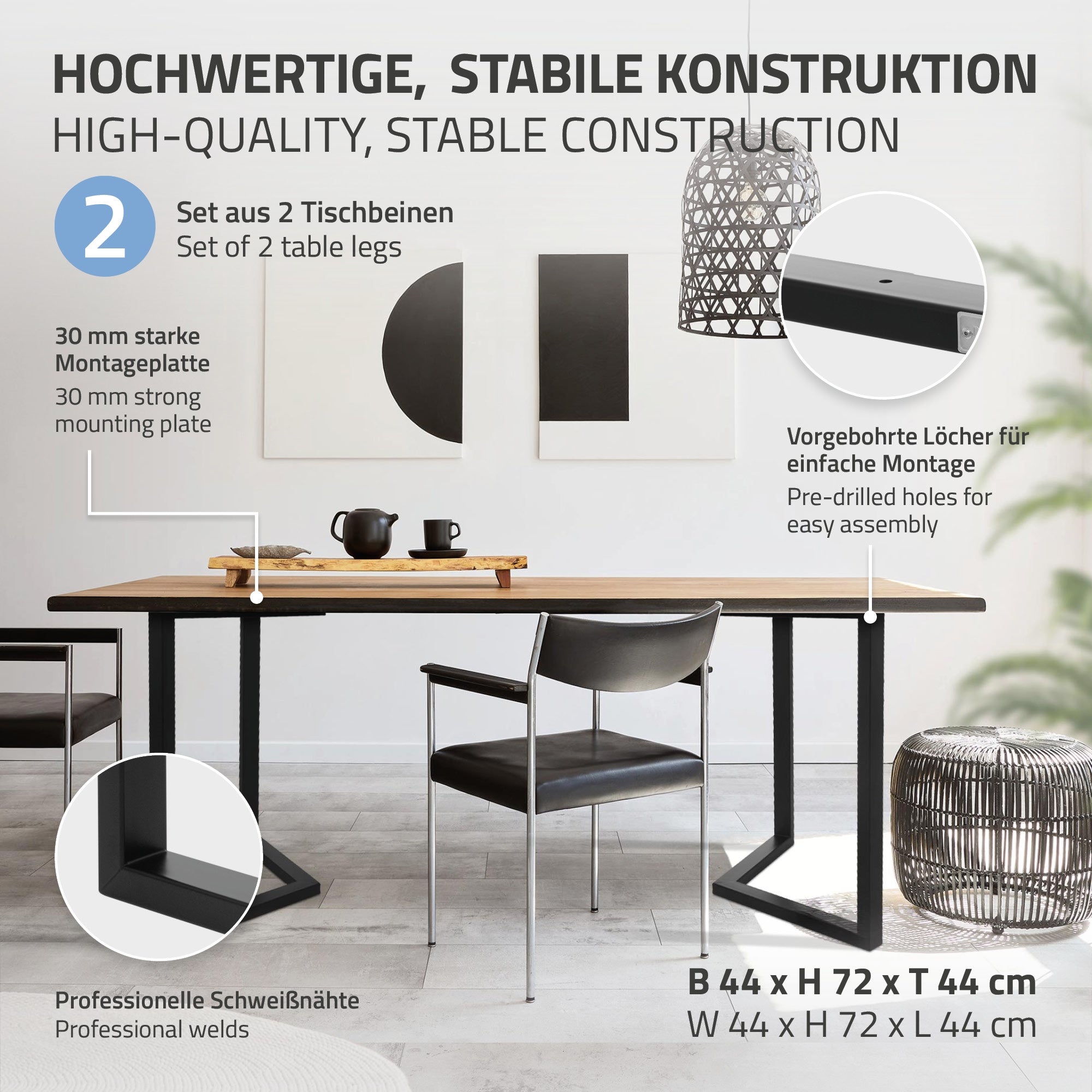 Produktinformation zu einem Tisch mit stabiler Konstruktion und Montagehinweisen.