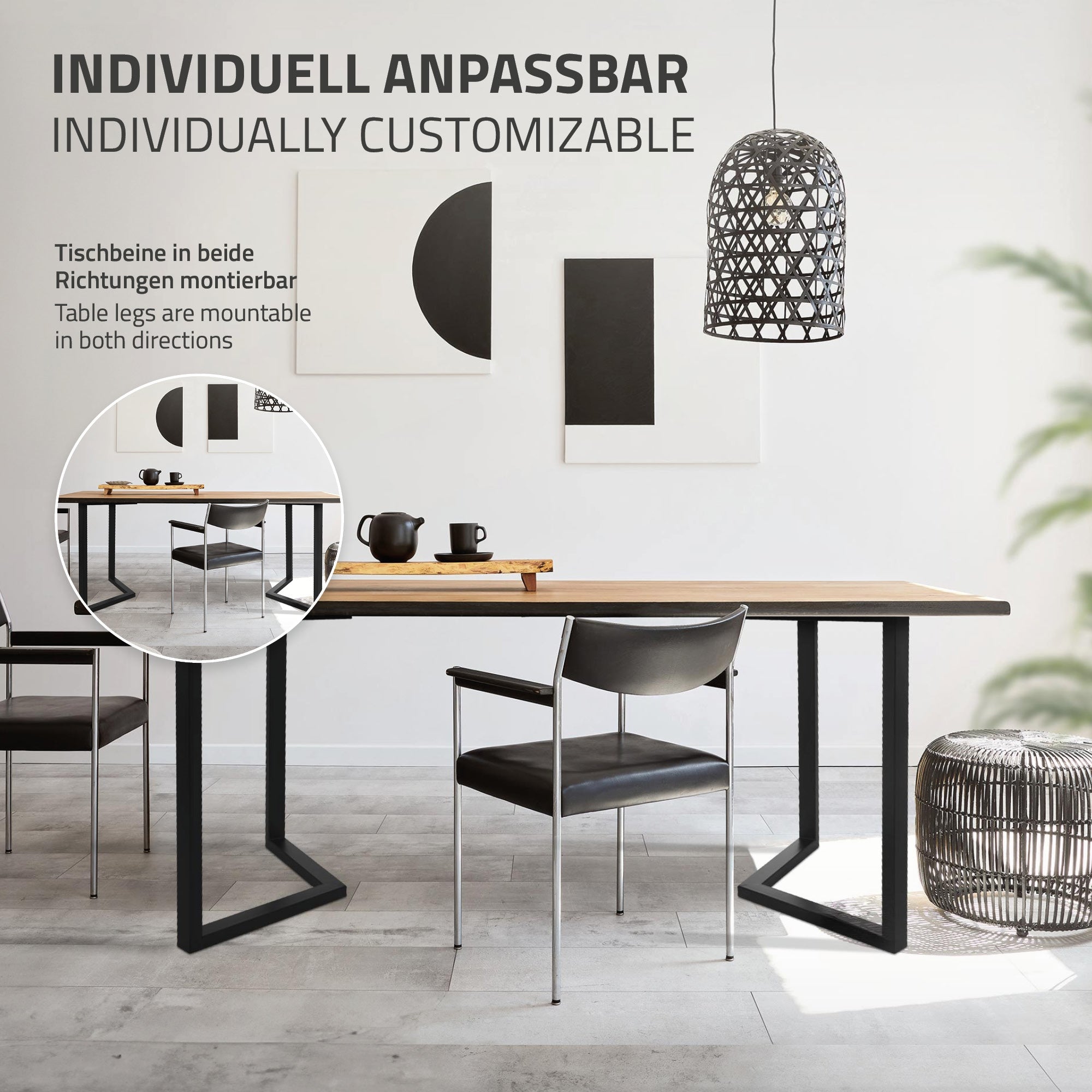 Træbord med justerbare bordben i et stilfuldt rum.