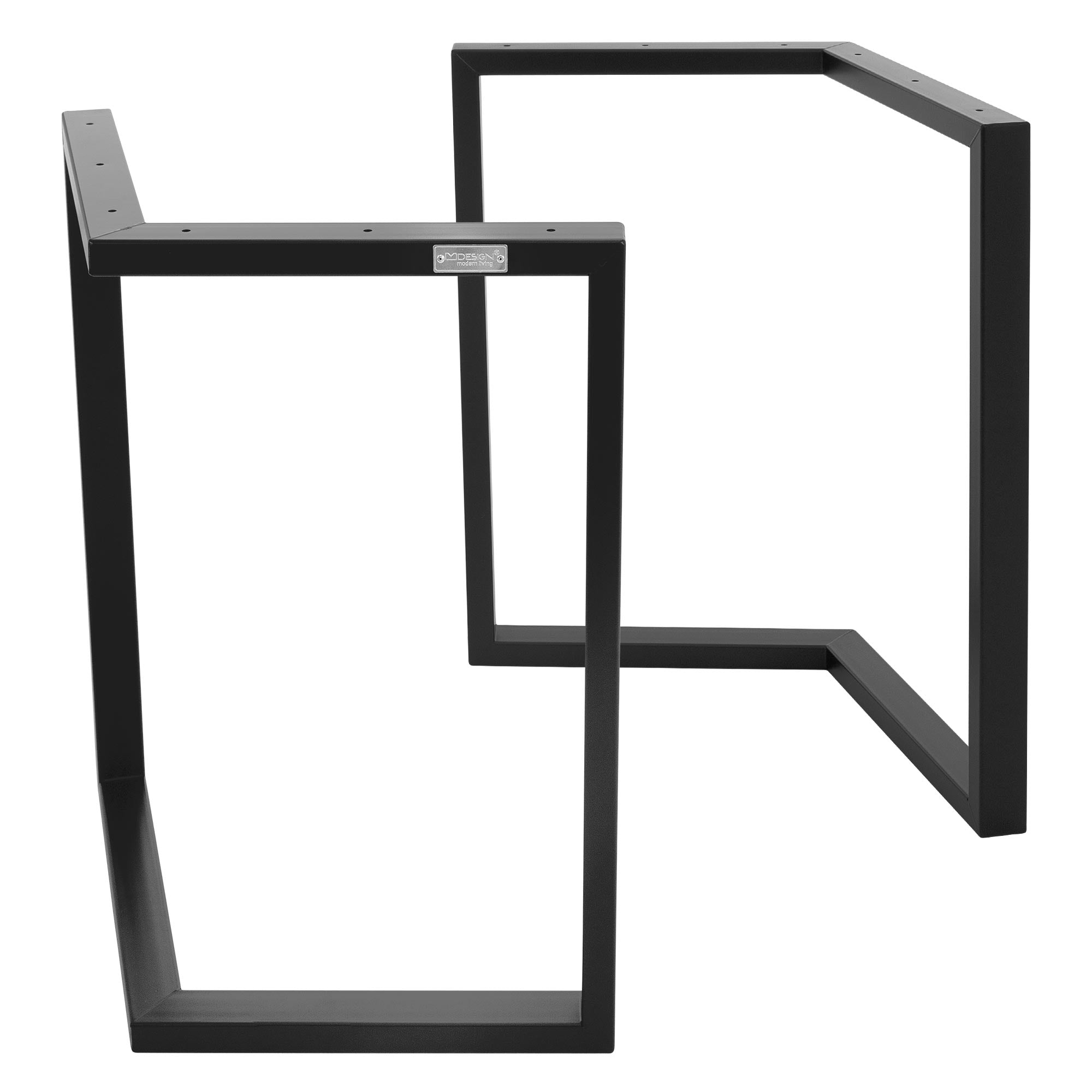Zwei schwarze Metallgestelle in L-Form, ohne Tischplatte.