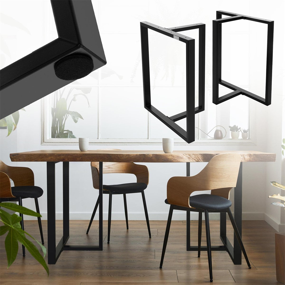 Primer plano de las patas de una mesa y de una mesa en una habitación luminosa.