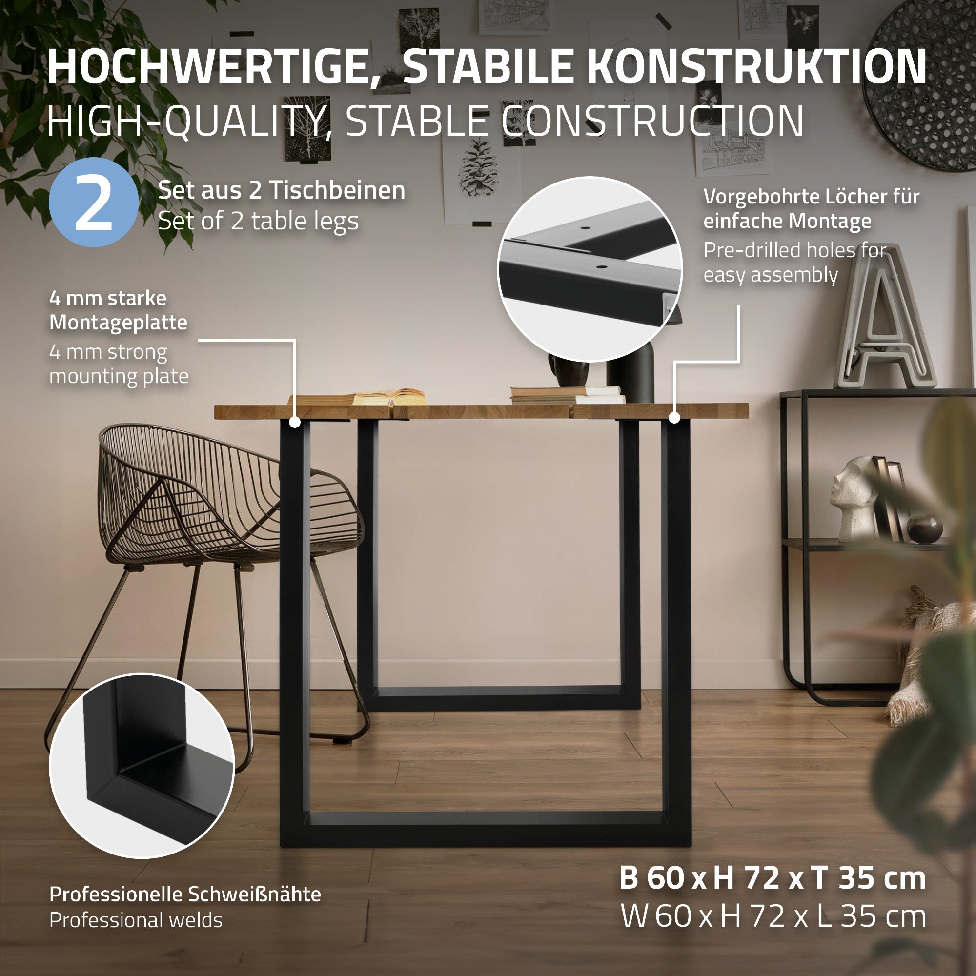 Tisch mit stabiler Konstruktion und zwei Tischbeinen, Holzplatte und schwarzem Gestell.