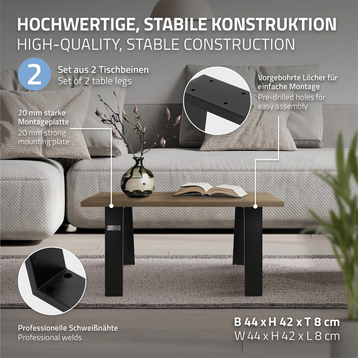 Afbeelding met informatie over de stabiele constructie van een tafel.