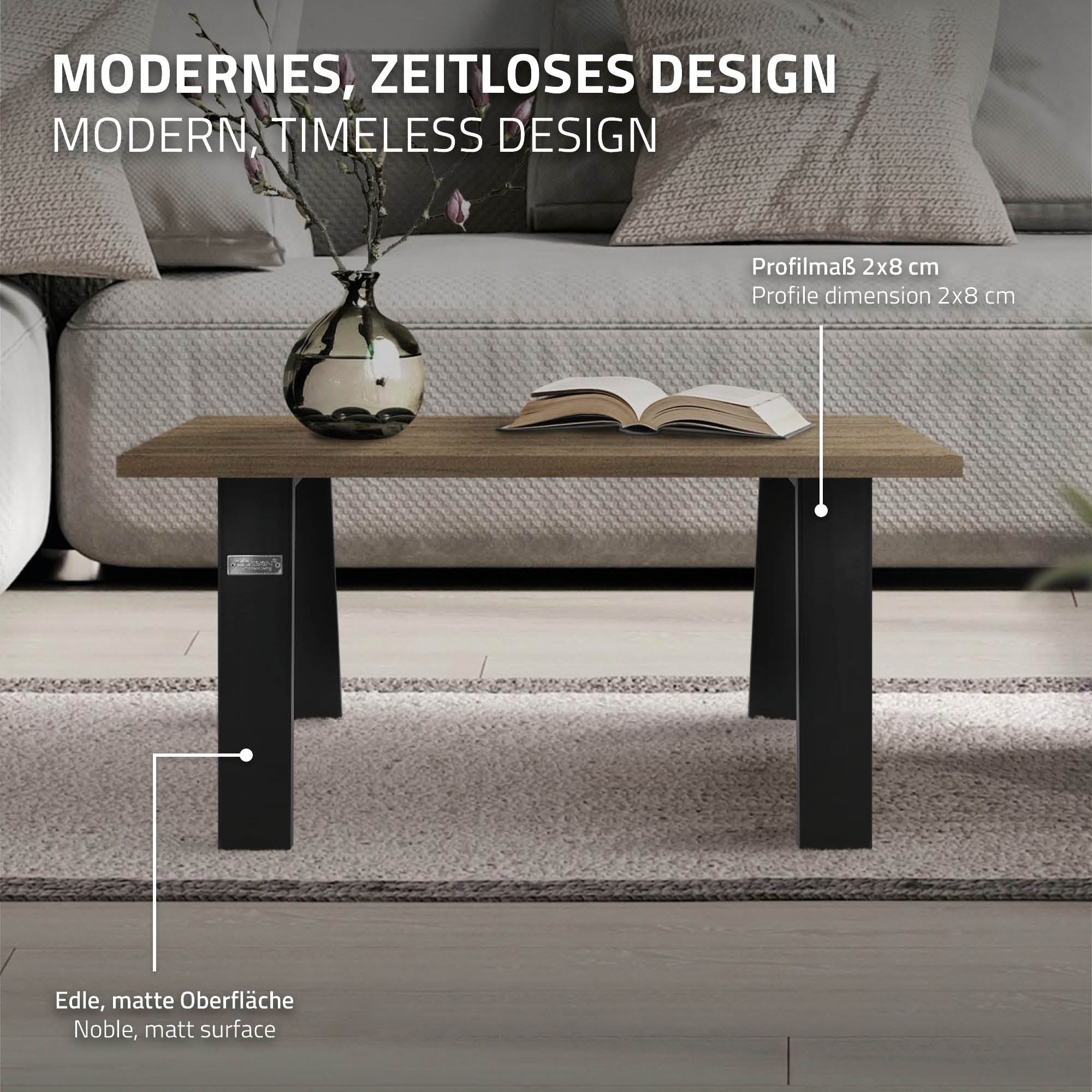 Et moderne bord med mat finish og en beskrivelse af bordbenene.