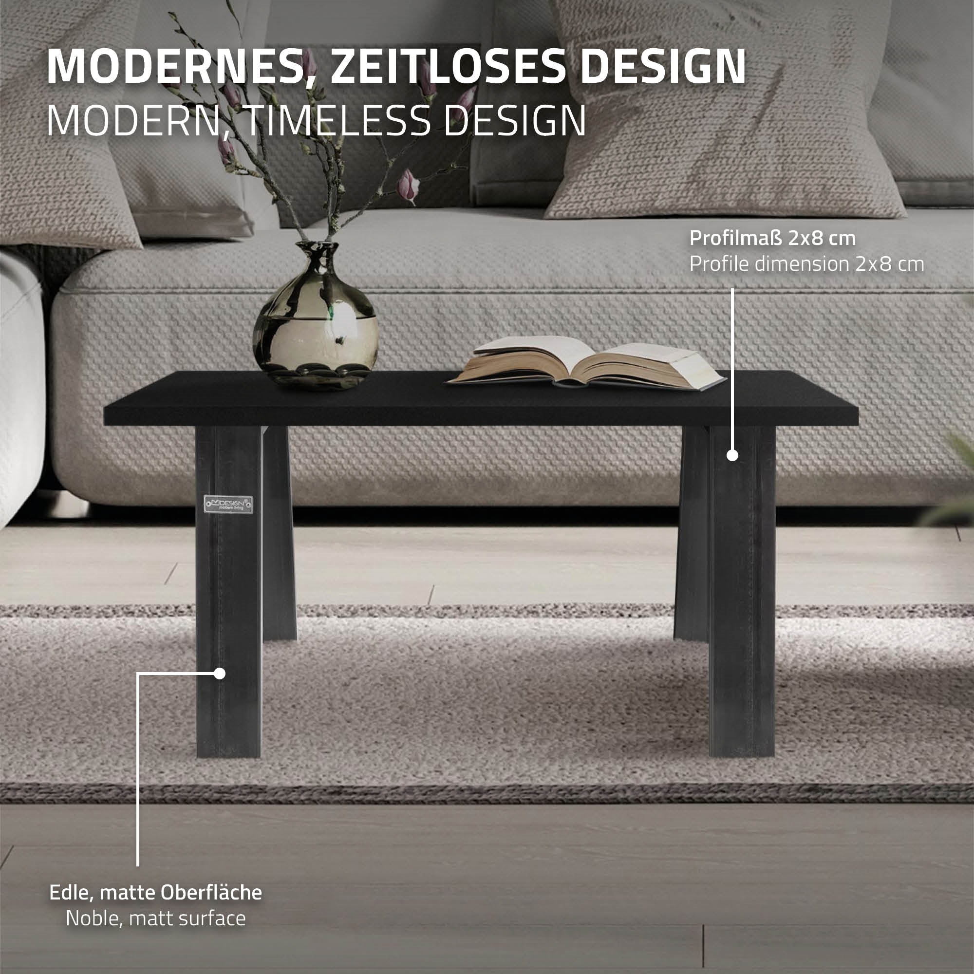 Tavolo nero con vaso su piano opaco, misure e descrizione del design.