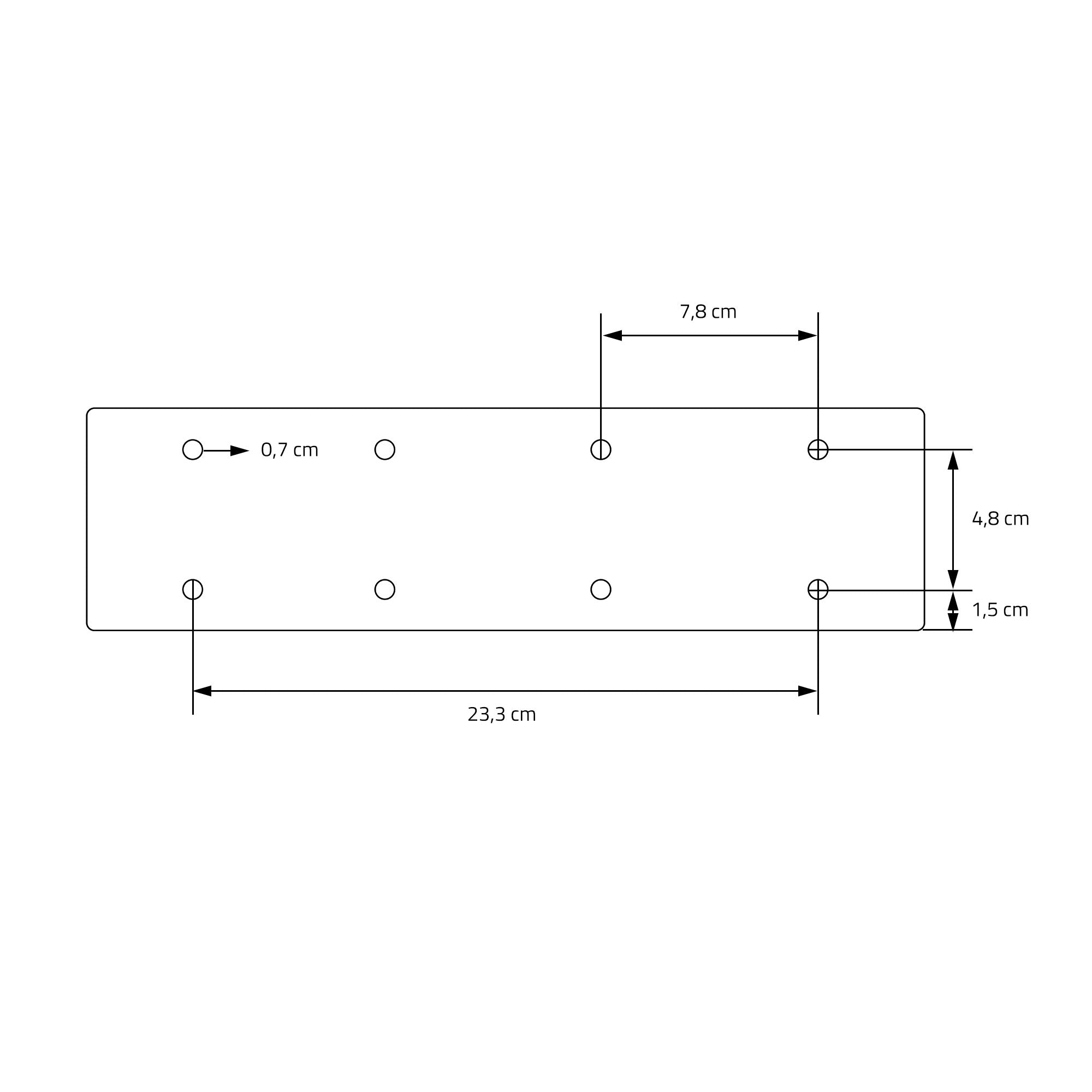 Disegno tecnico con misure e fori per un pezzo metallico.