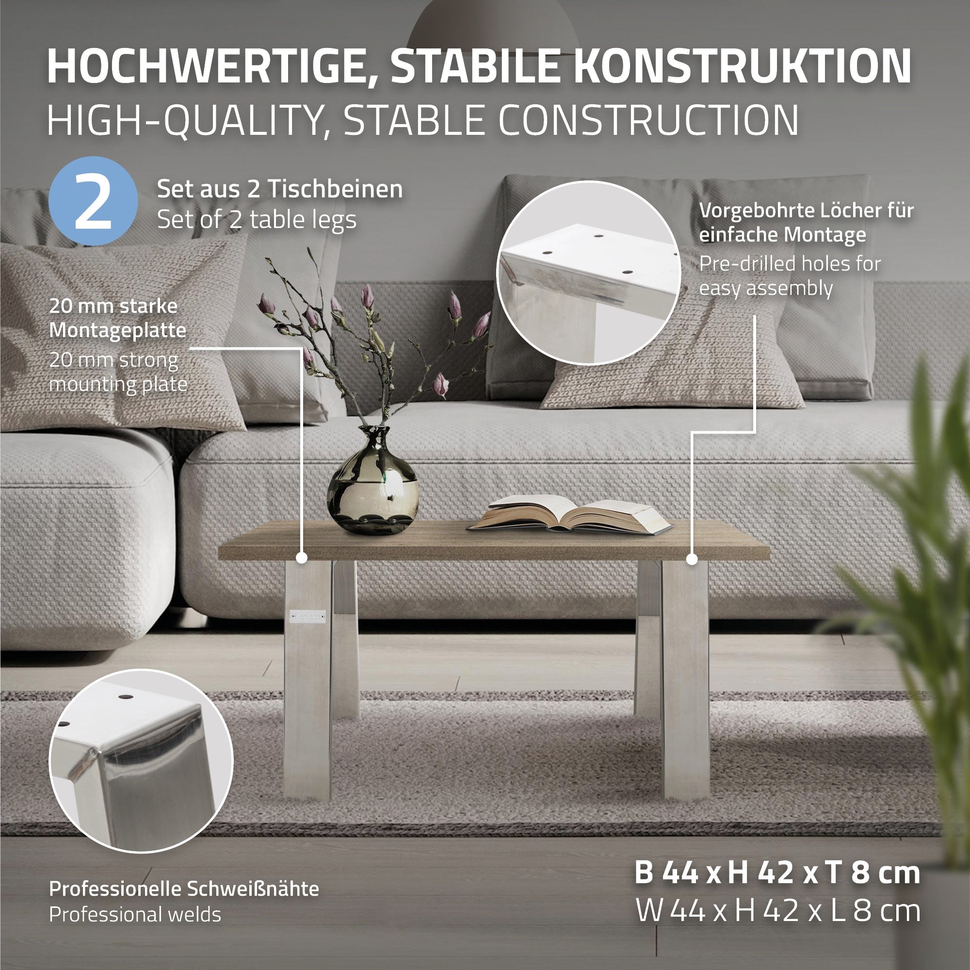 Tisch mit silbernem Gestell und zwei Stühlen, Montageanleitung und Maße.