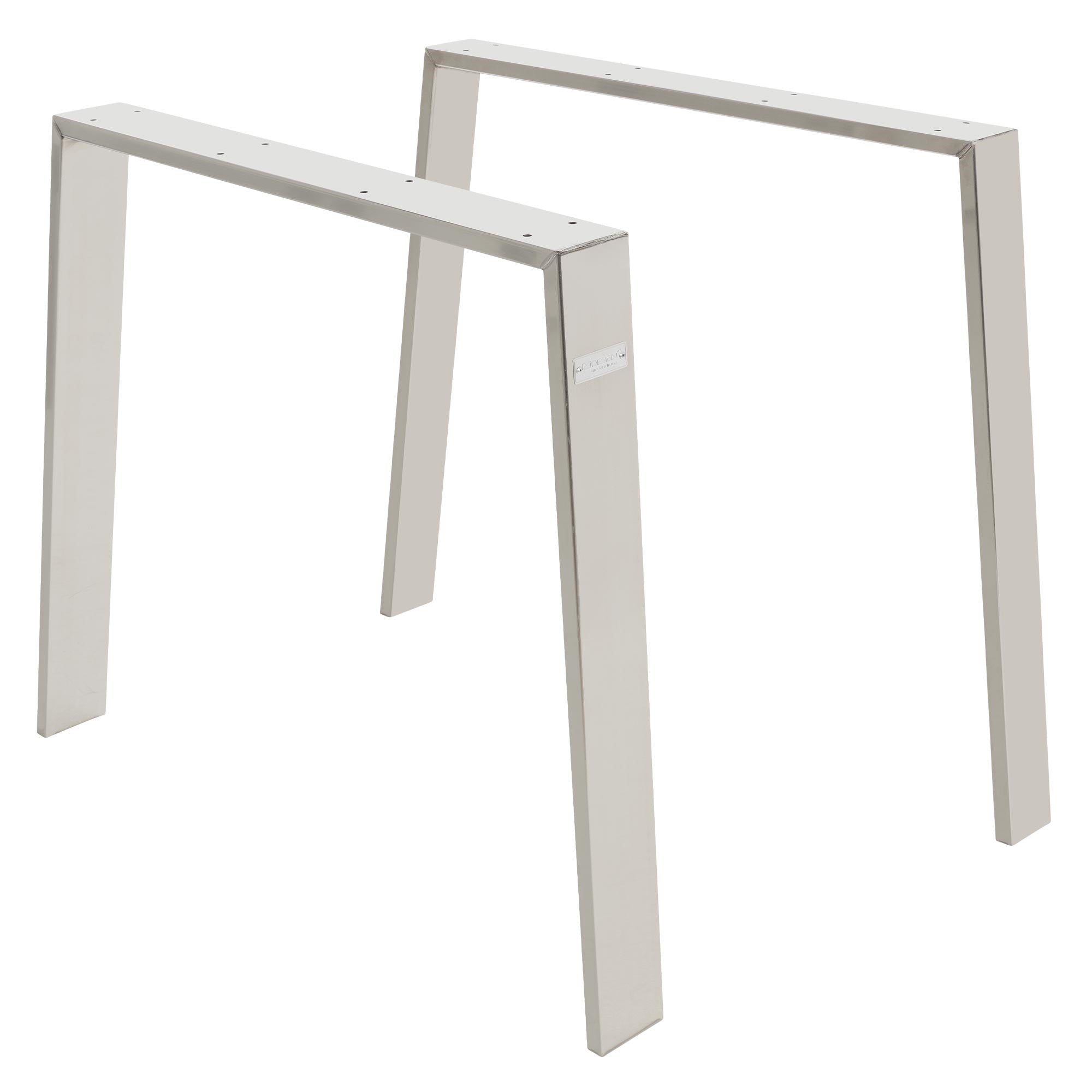 Two metal table legs in silver color, on a white background.