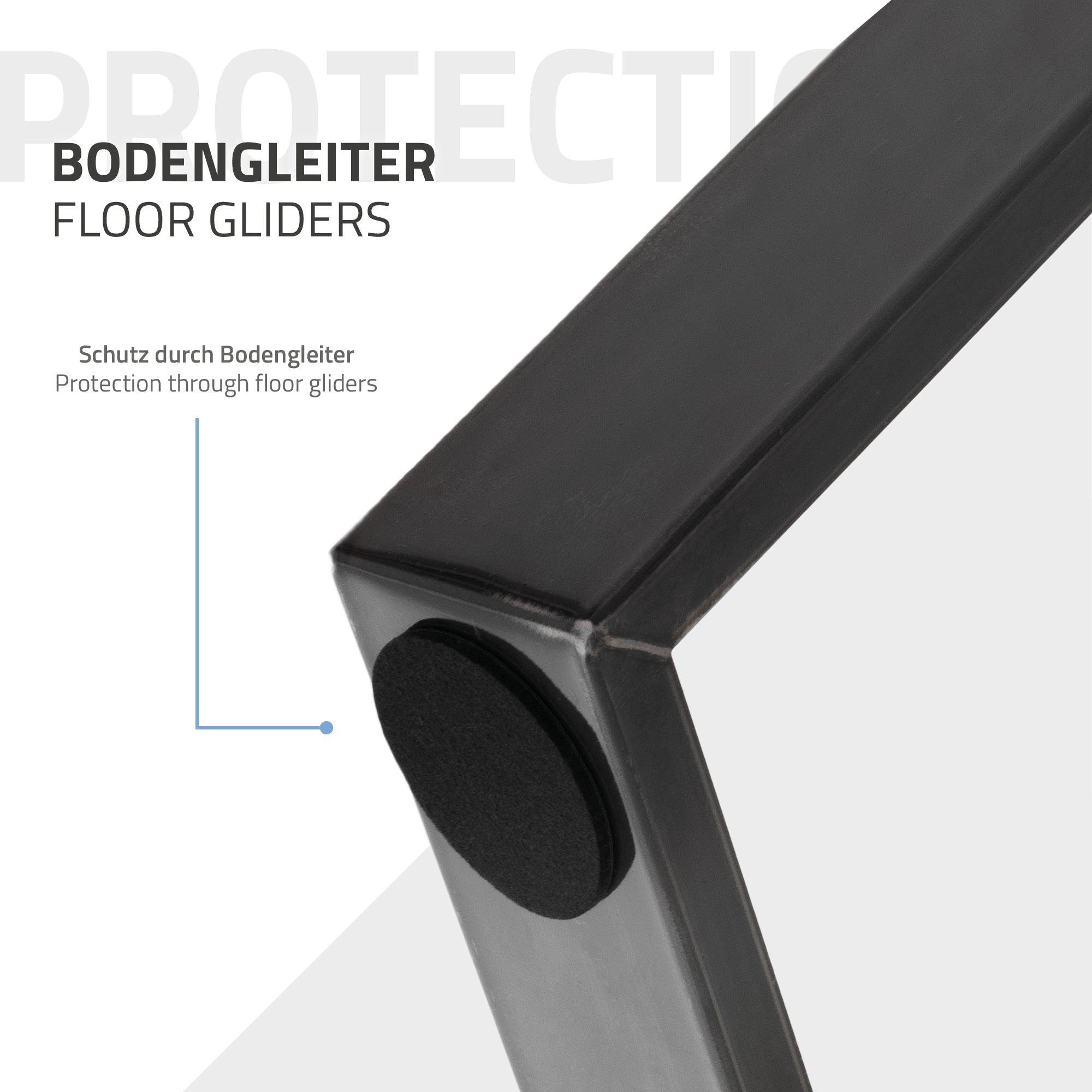 Detailansicht eines Tischbeins mit Bodengleitern zum Schutz des Fußbodens.
