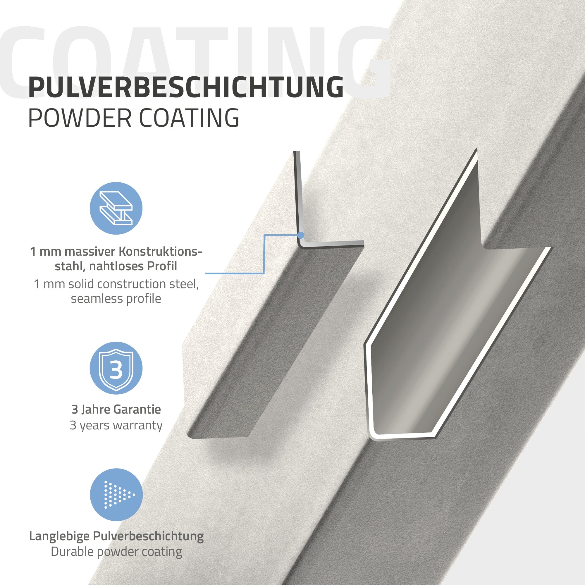 Nahaufnahme eines Metallprofils mit Beschriftung zu Pulverbeschichtung.